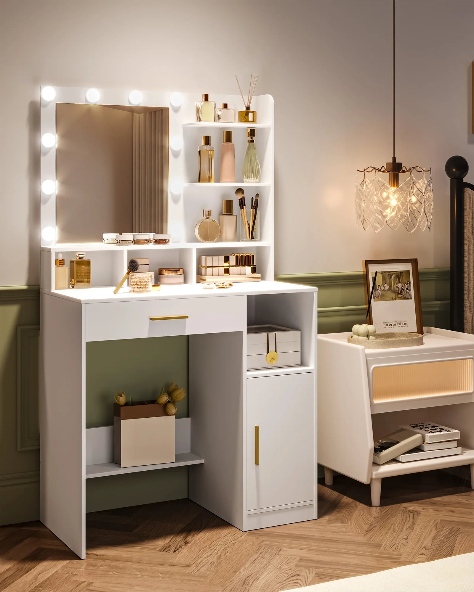Make-up Tafel met Spiegel en LED Verlichting – Dressing Table met Lade, Planken en Opbergruimte – Modern Minimalistisch