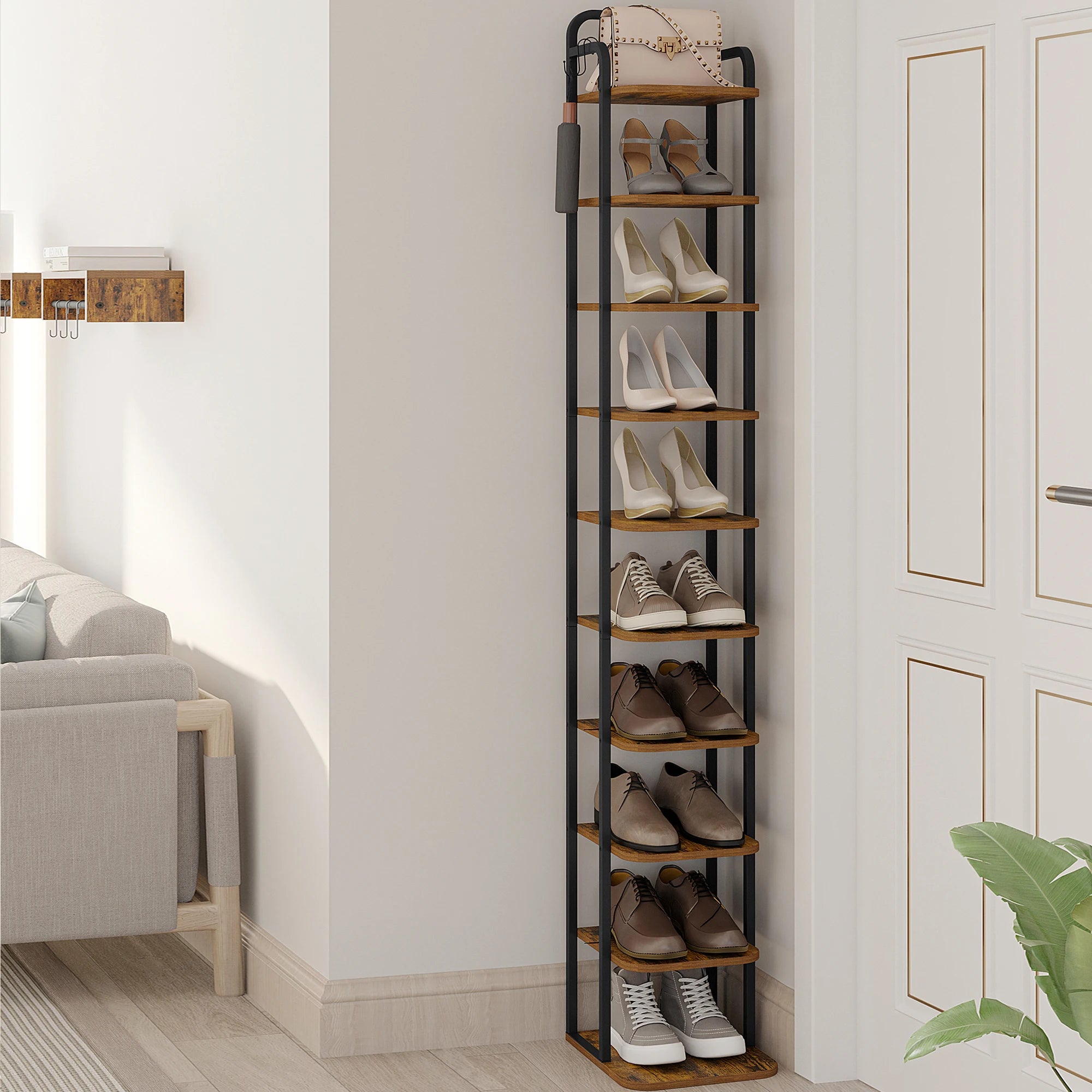 Smalle Schoenenrek 10 Lagen – Verticale Schoenenkast van Hout & Metaal – Ruimtebesparend Schoenenrek voor Hal, Slaapkamer en Kleine Ruimtes