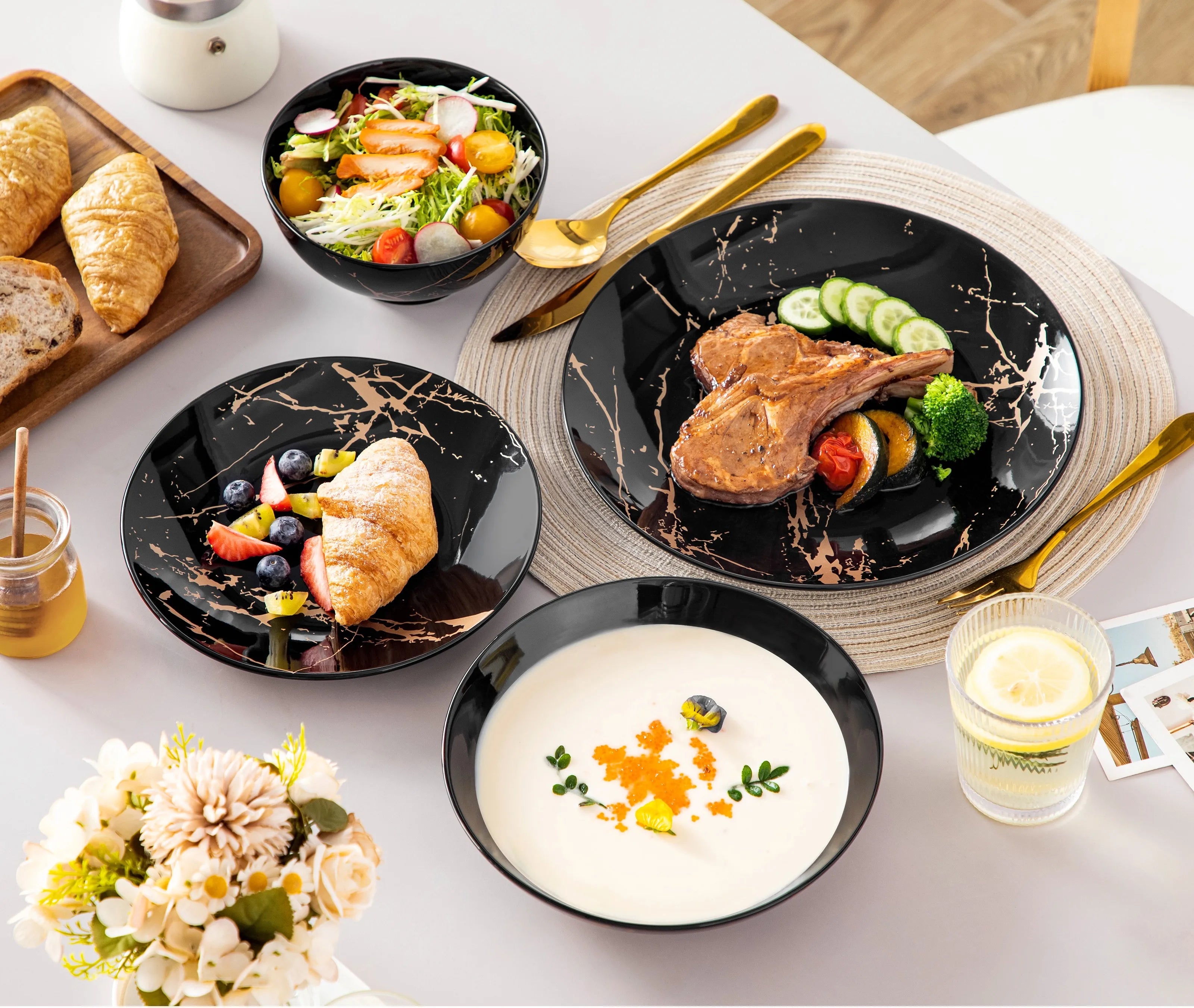 24-delige Goud Serviesset Porselein – Luxe Servies Set voor 6 Personen met Gouden Design Borden en Kommen