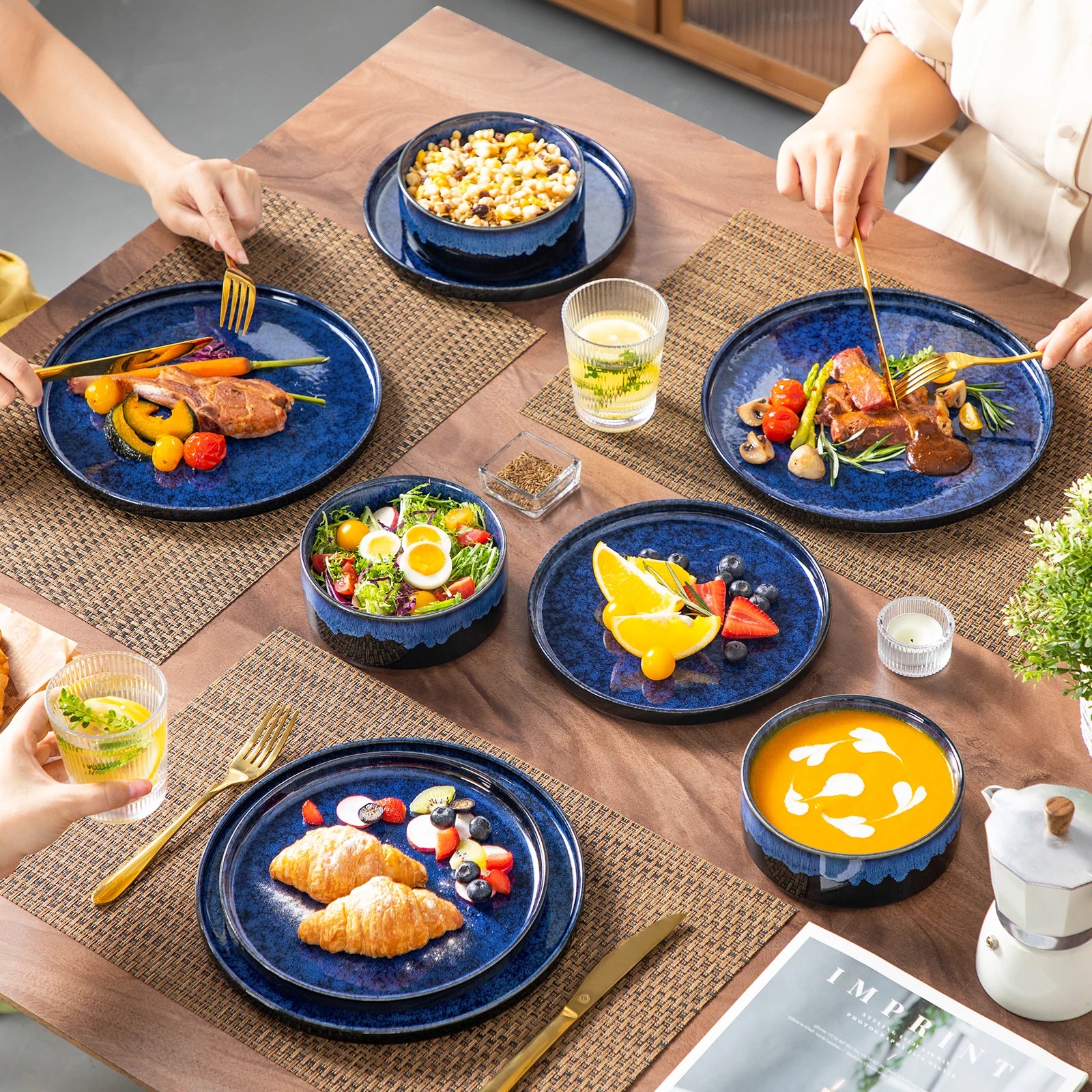 Keramische Diner Set 12/24/36 Delig – Zwart Blauw Servies met Reactief Glazuur – Moderne Borden en Kommen Set