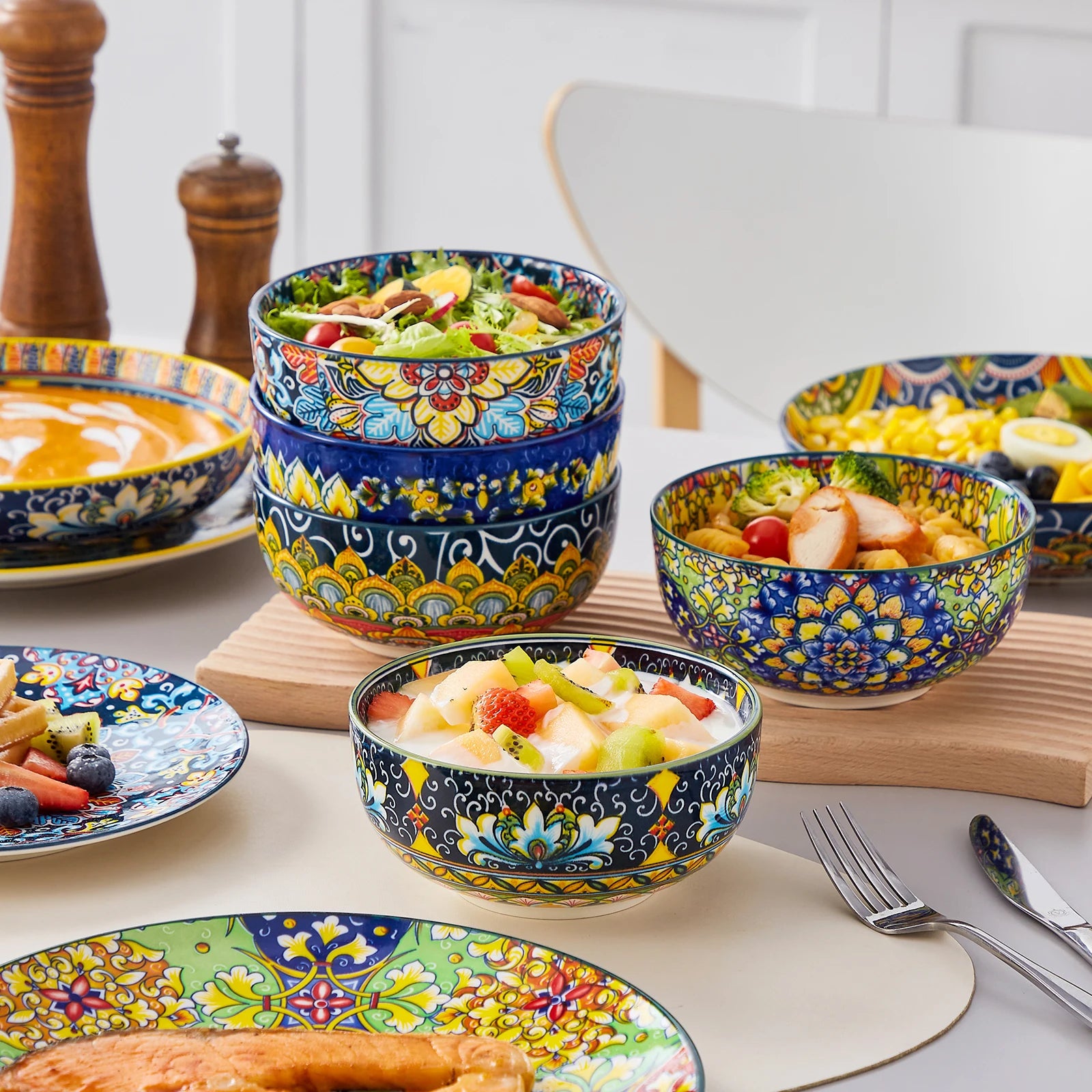 Boheemse Servies Set 24-delig – Porselein Servies voor 6 Personen – Kleurrijk Keramiek Servies met Borden en Kommen