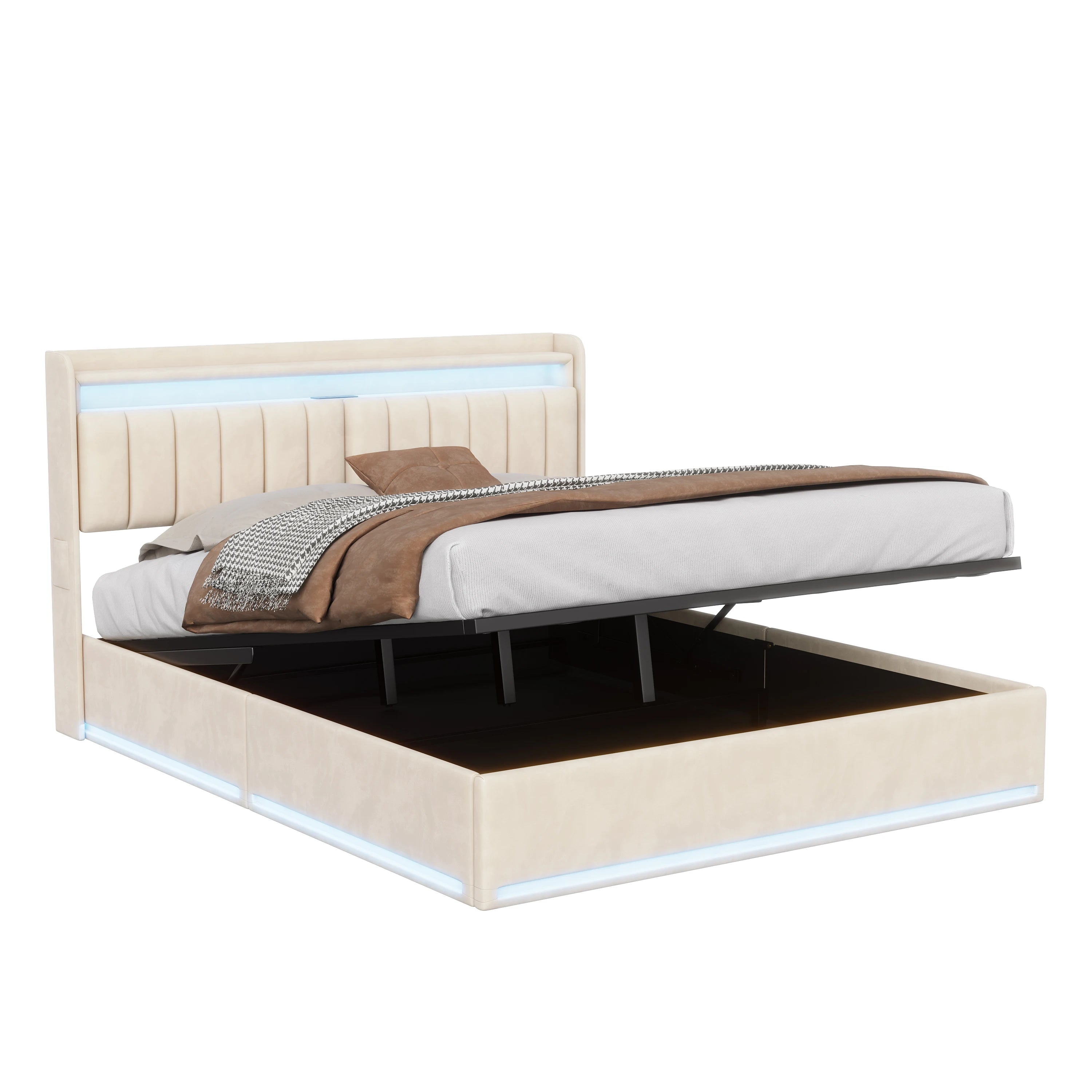 Tweepersoonsbed met geïntegreerde LED‑verlichting, USB‑oplaadfuncties en opbergruimte – Modern en functioneel bedframe