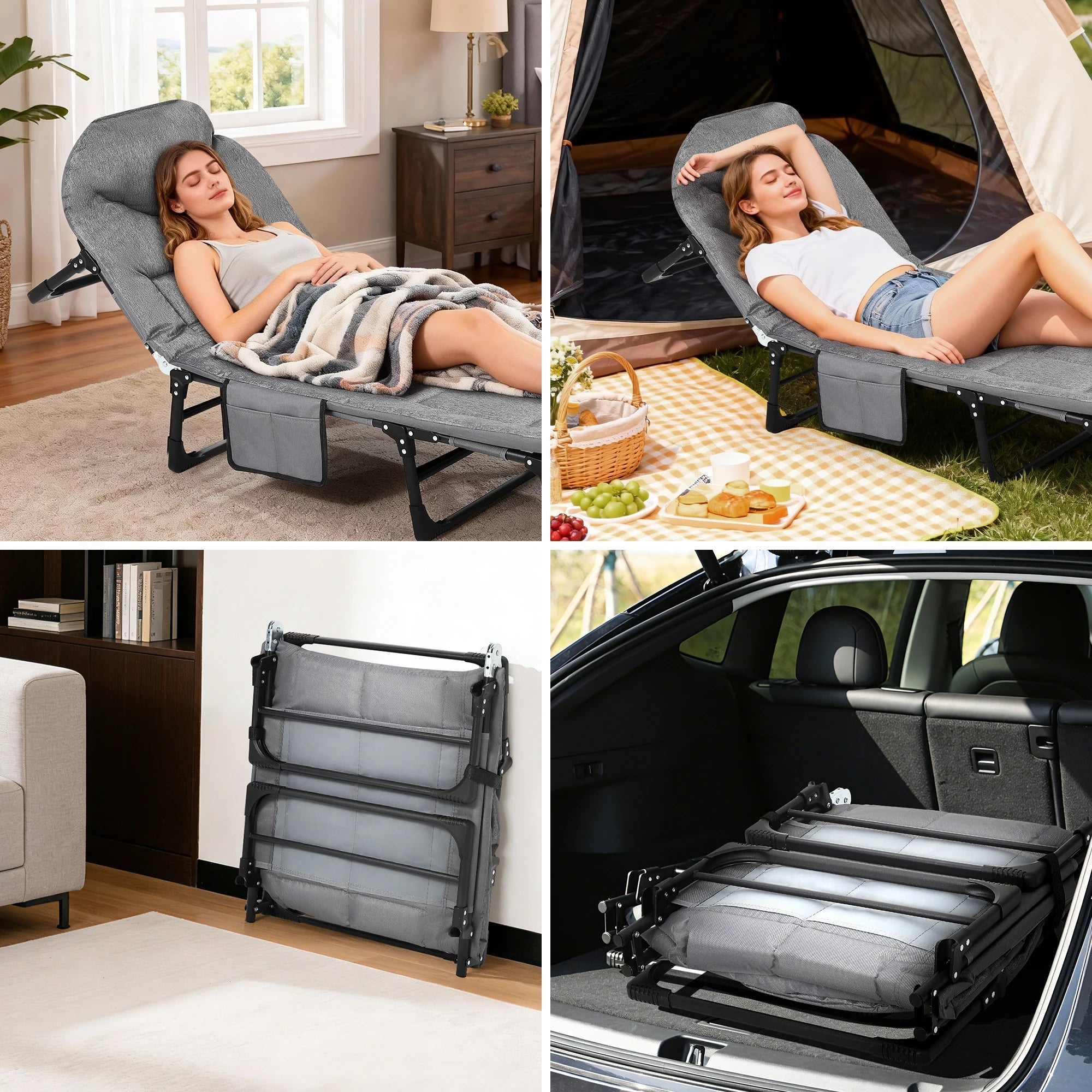 Draagbaar Campingbed met Matras en Kussen – Opvouwbaar Ligbed met Verstelbare Rugleuning en Zijvak