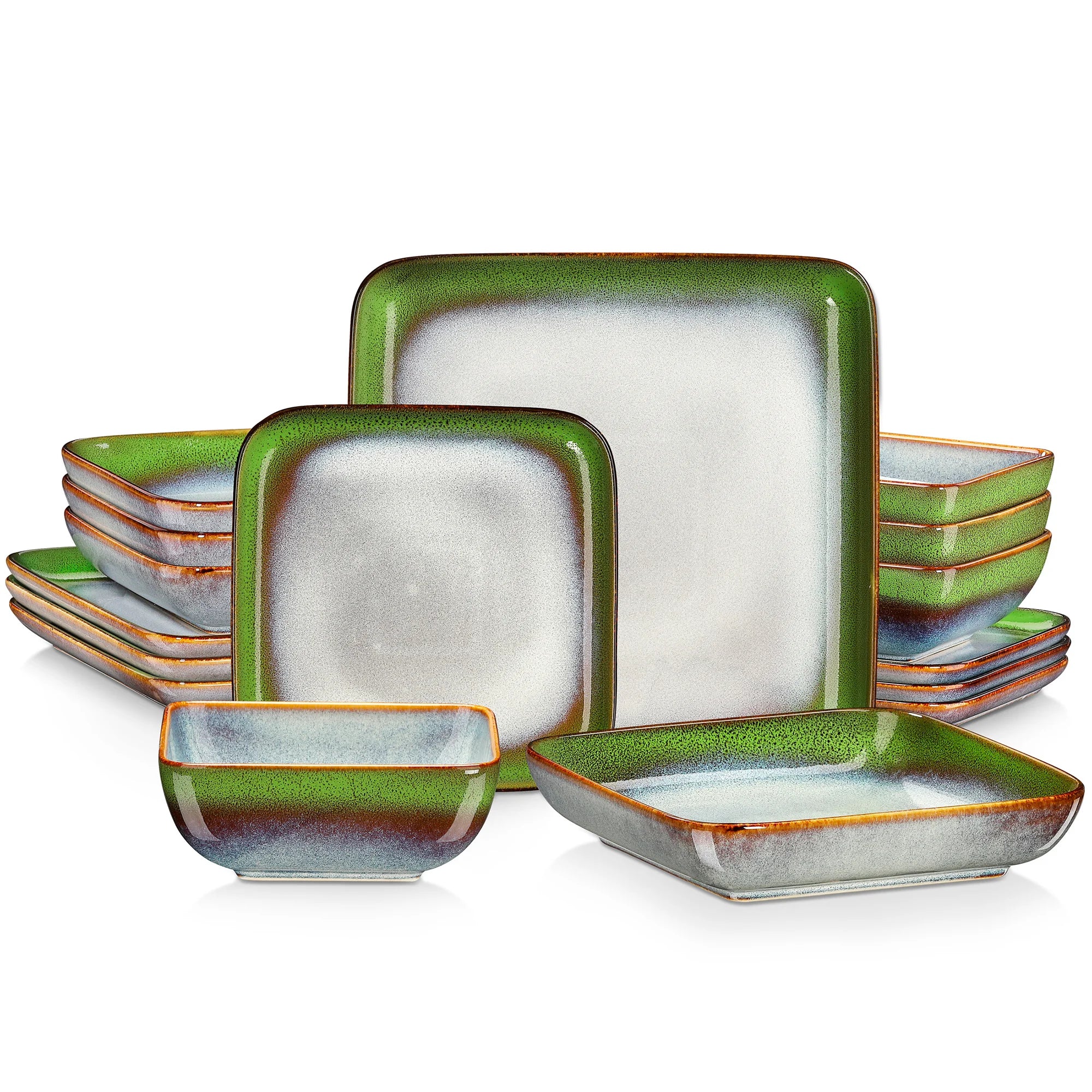 Stern Groen 16-Delige Serviesset – Modern Keramisch Dinnerservies voor 4 Personen – Vierkant Design – Blauw Groen Glazuur – Steengoed Servies