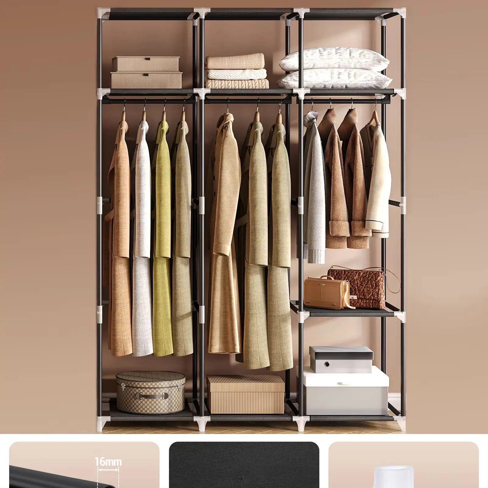 Vrijstaande stoffen kledingkast 130 cm – 3 hangstangen & 9 vakken – garderoberek organizer voor slaapkamer & thuisopslag