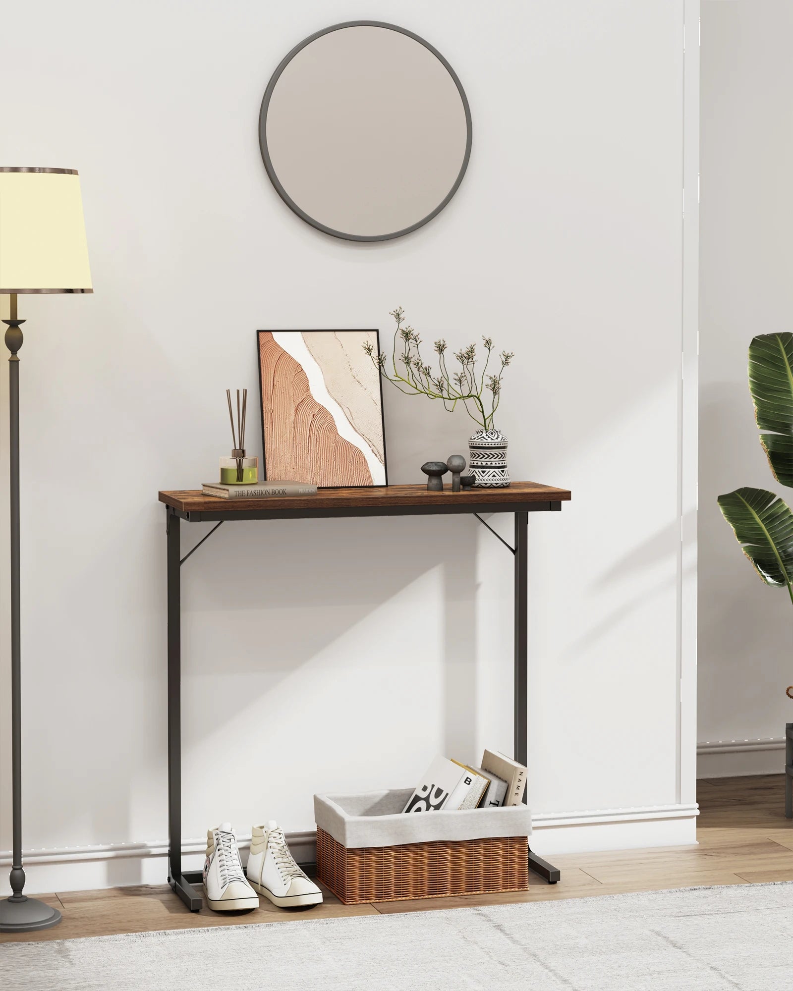 Smalle Industriële Sidetable / Console Tafel – Haltafel, Sofa Tafel voor Woonkamer en Gang – Zwart & Rustiek Bruin
