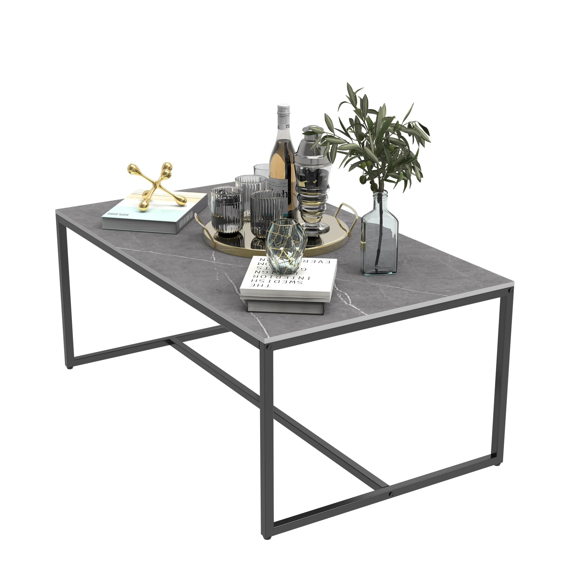 Salontafel van Gesinterd Steen – Moderne Rechthoekige Tafel met Zwart Metalen Frame – Grijs Tafelblad – Luxe & Duurzaam Design