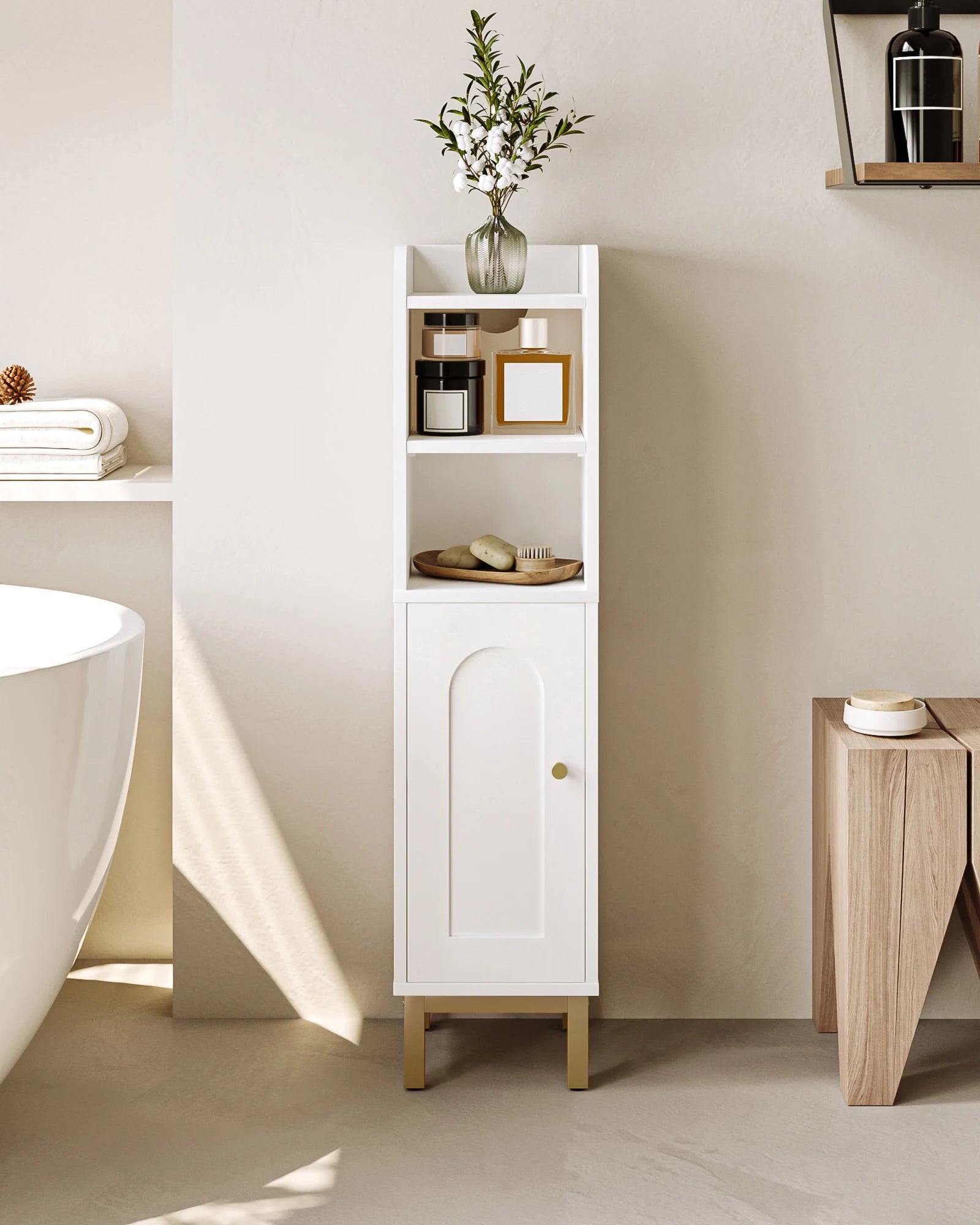 Smalle Badkamerkast met Deur en Planken – Ruimtebesparende Toiletkast – Hoekkast Badkamer Wit