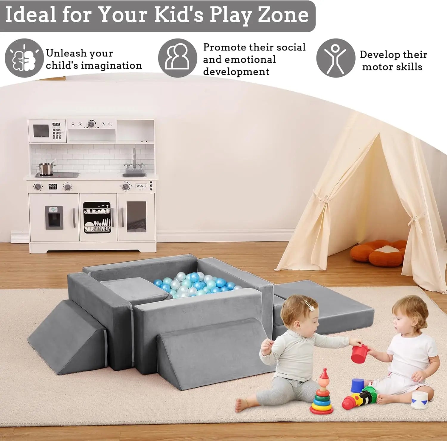 Kinderbank 12-Delige Modulaire Speelbank met Ballenbak & Klimhelling – Speelset voor Speelkamer en Kinderkamer