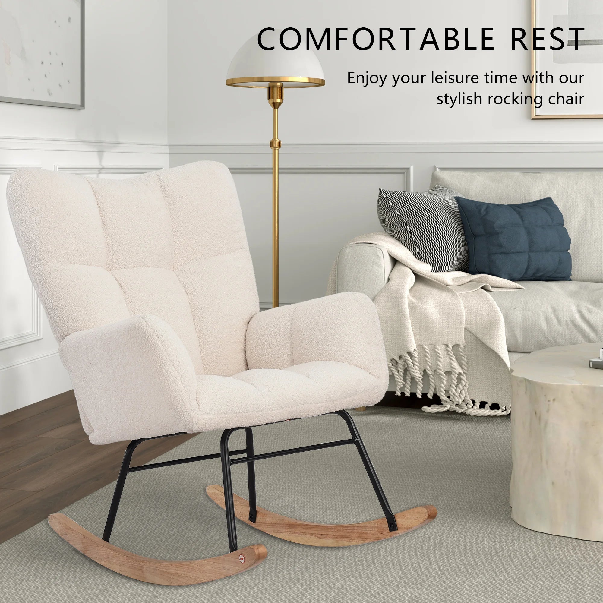 Moderne zachte pluche schommelstoel met armleuningen – comfortabele woonkamer stoel
