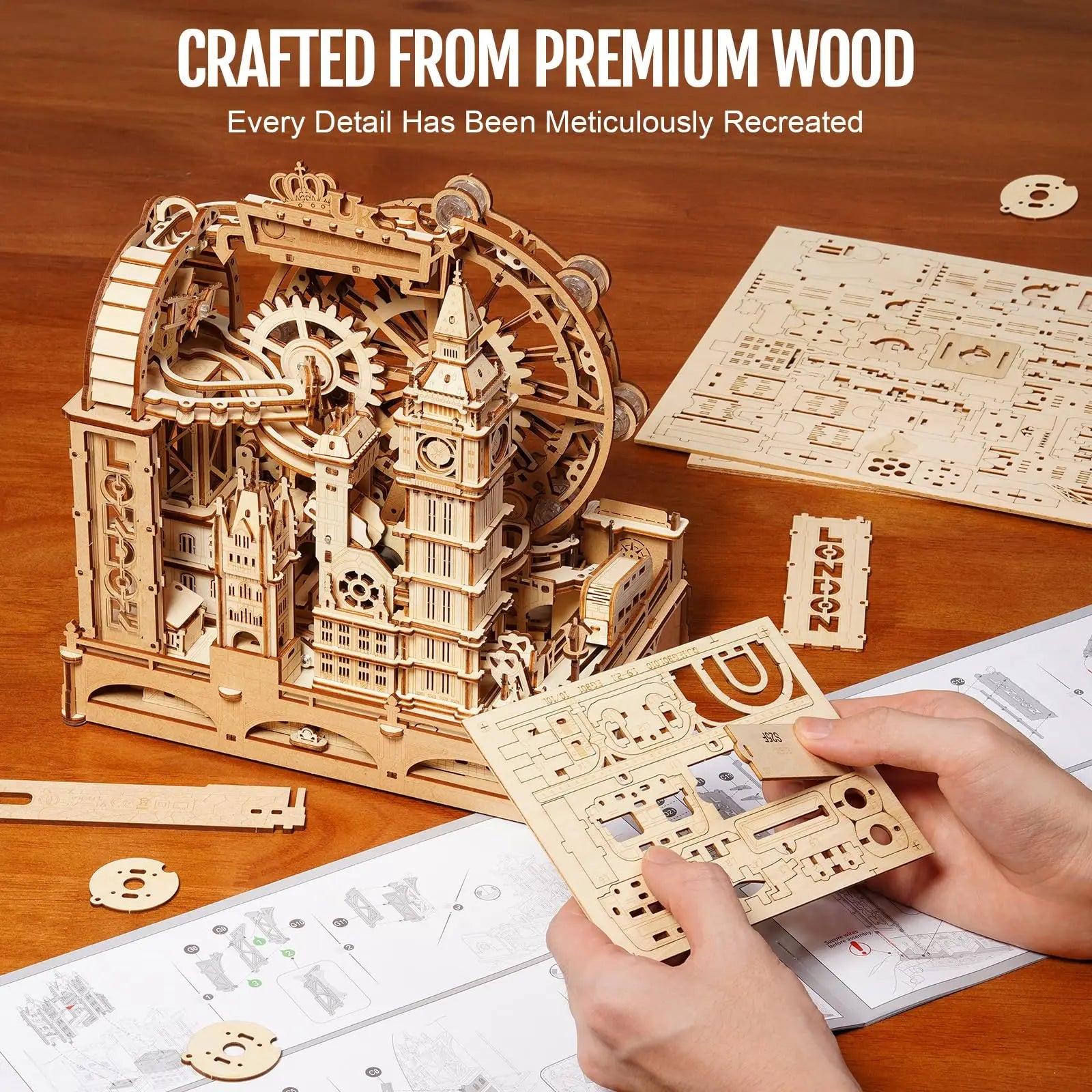 3D Houten Knikkerbaan Puzzel – Mechanische Marble Run Bouwset met Londen Thema – Interactieve STEM Puzzel voor Volwassenen en Tieners
