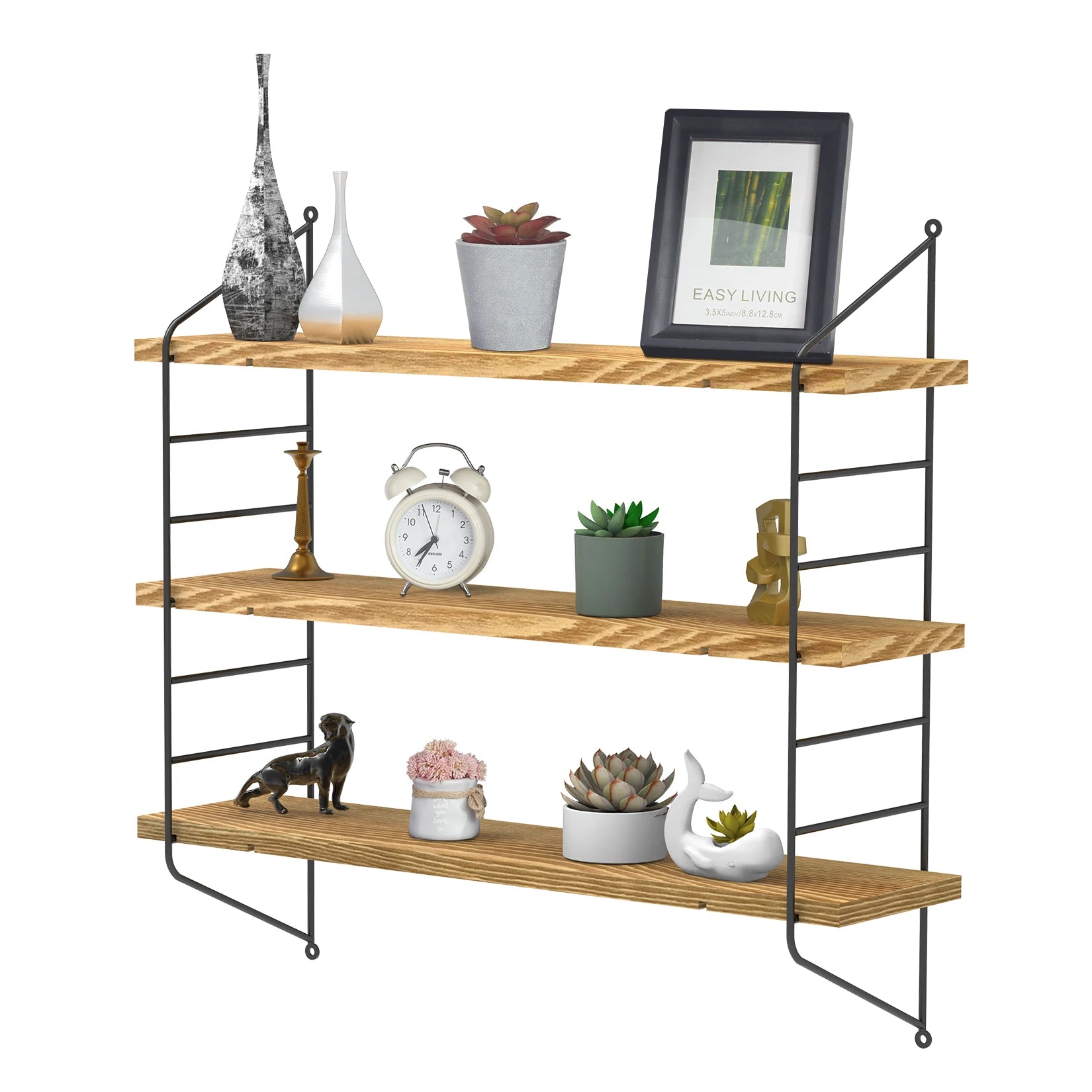 Moderne Zwevende Wandplanken 23 Inch – Industrieel Wandrek met Metaal en Hout = 3-Laags Verstelbare Wandplank