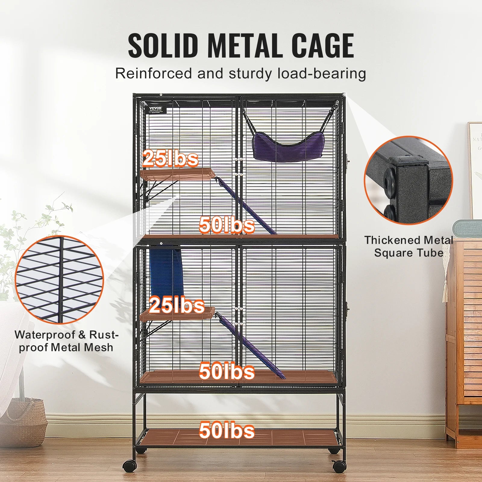 Grote Frettenkooi 164 cm met 4 Lagen – Metalen Dierenkooi met Platforms, Hangmat & Wielen – Voor Fretten, Chinchilla’s & Cavia’s