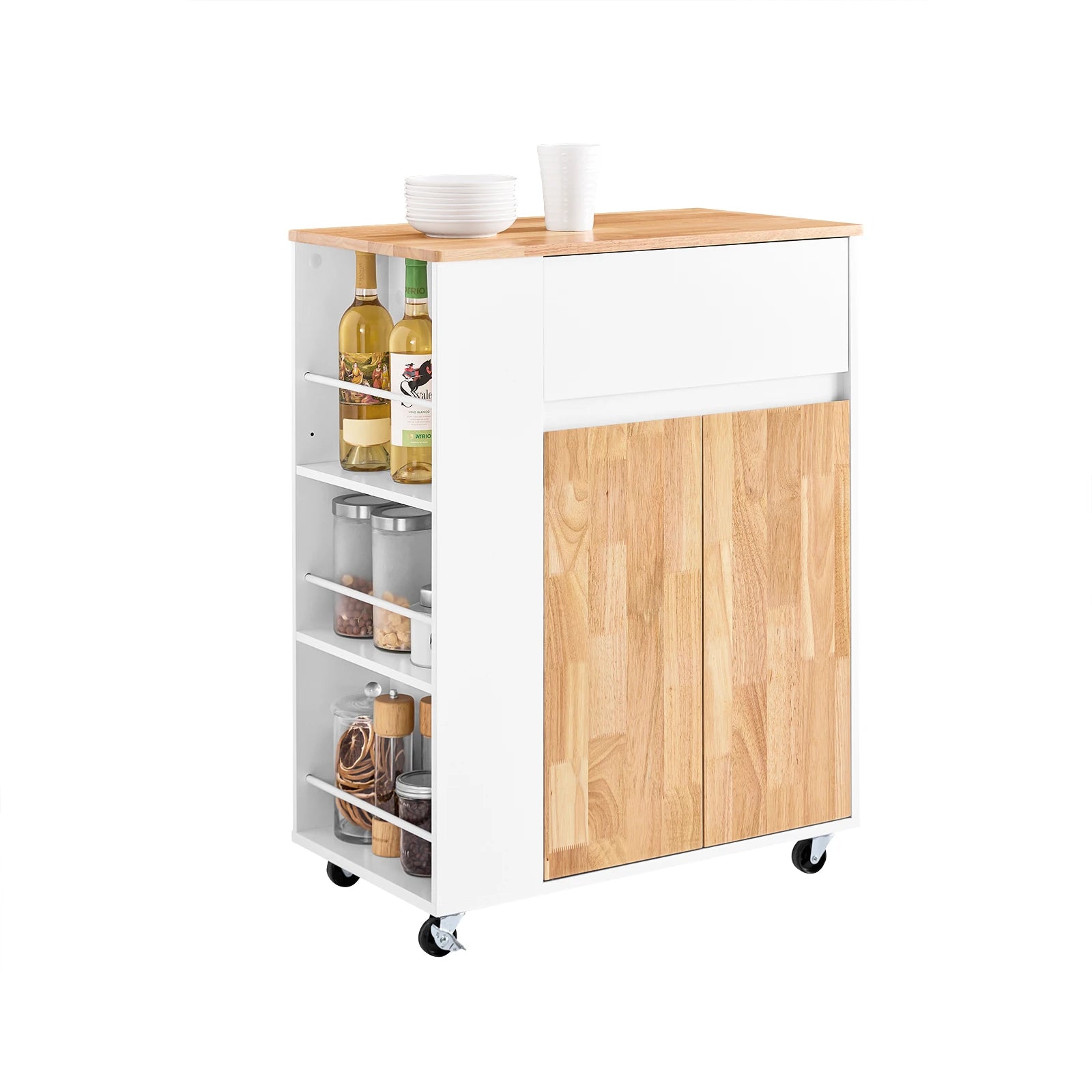 Witte keukentrolley met rubberen houten blad en wielen – multifunctionele serveerwagen