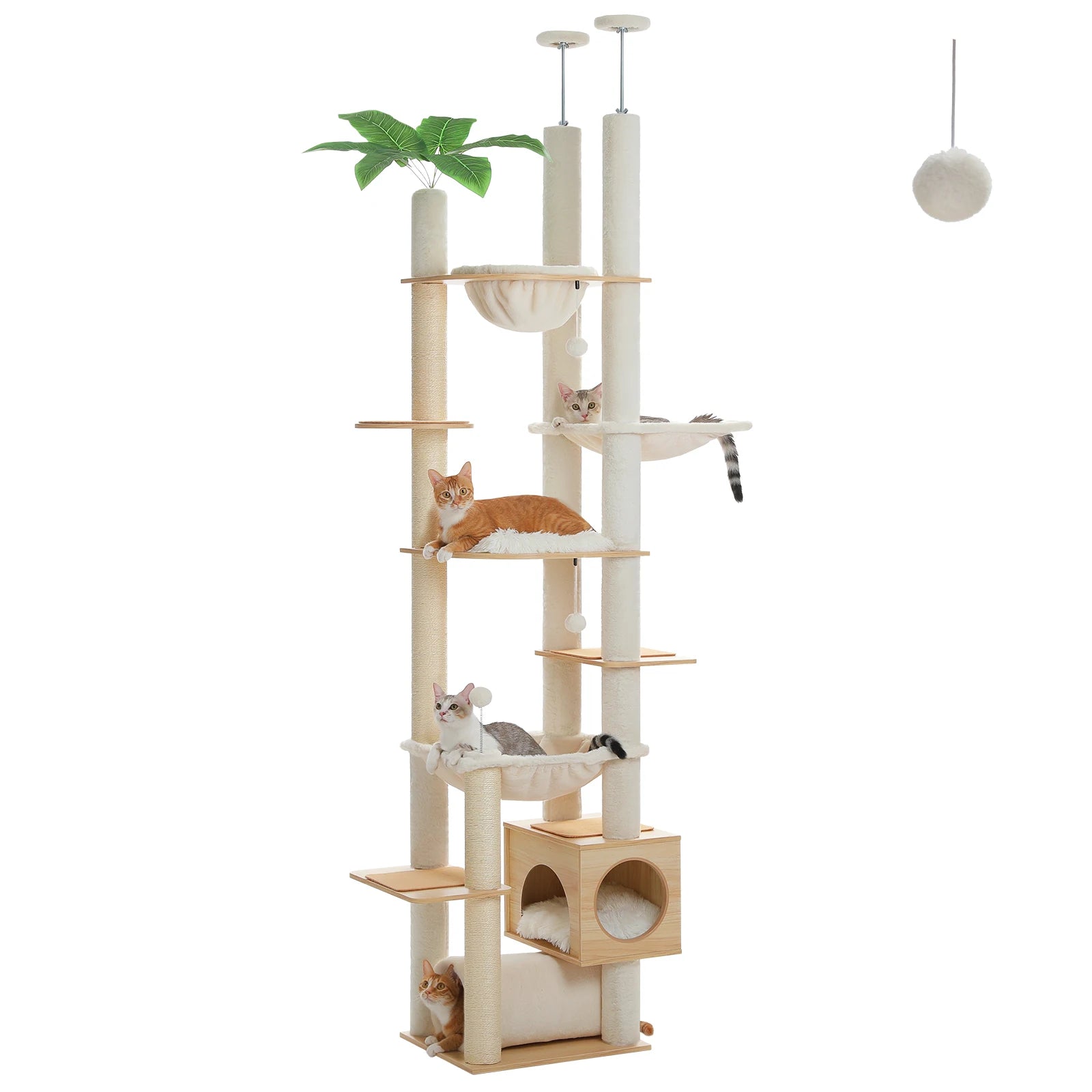 Verstelbare Houten Krabpaal tot Plafond met Hangmat en Kattenhuis – Grote Kattenboom met Sisal Krabpalen en 7 Niveaus – Luxe Katten Klimtoren voor Binnen