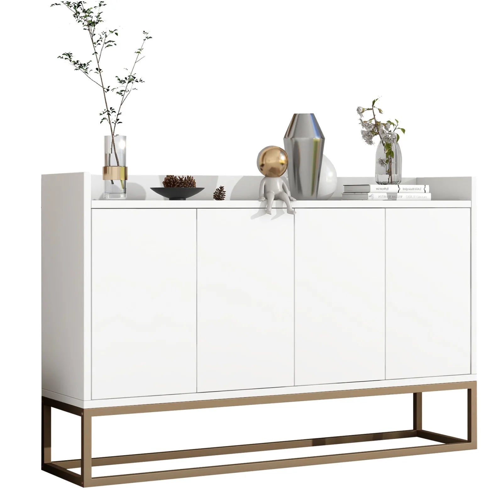 Minimalistische Dressoirkast 4 Deuren met Slot – Opbergkast Metaal & MDF – Moderne Buffetkast voor Woonkamer en Eetkamer