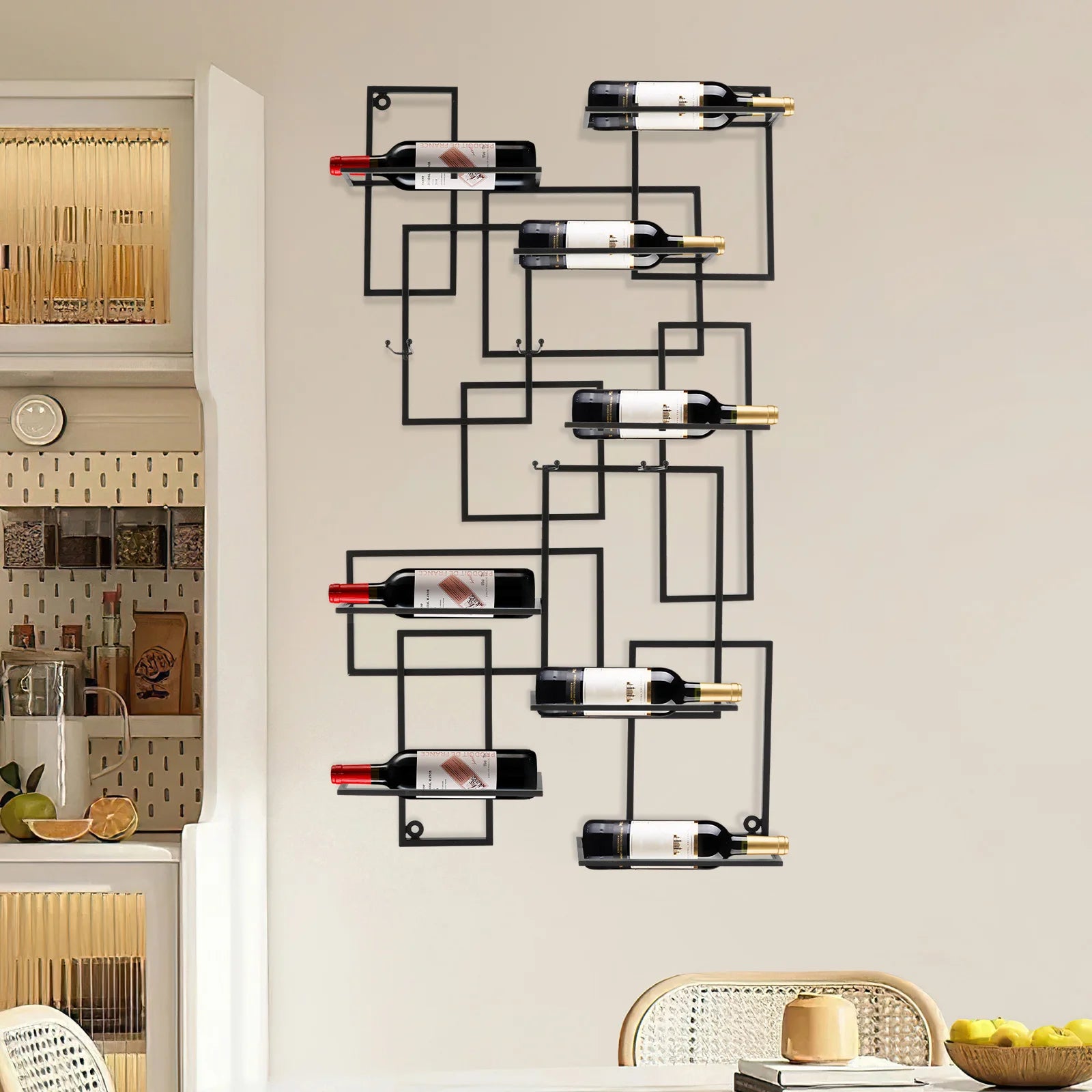 Wand Wijnrek Metaal Zwart – Modern Geometrisch Design – Wijnrek voor 10 Flessen – Industrieel & Luxe Wanddecoratie