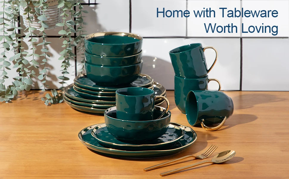 Servies Set 16-Delig Groen Porselein met Gouden Rand – Luxe Keramisch Servies voor 4 Personen