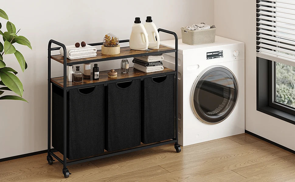 Wasmand met 3 Vakken & Wieltjes – Grote Wasverzamelaar met 2 Planken, Uitschuifbare Liners en Organizer – Voor Badkamer, Slaapkamer & Waskamer