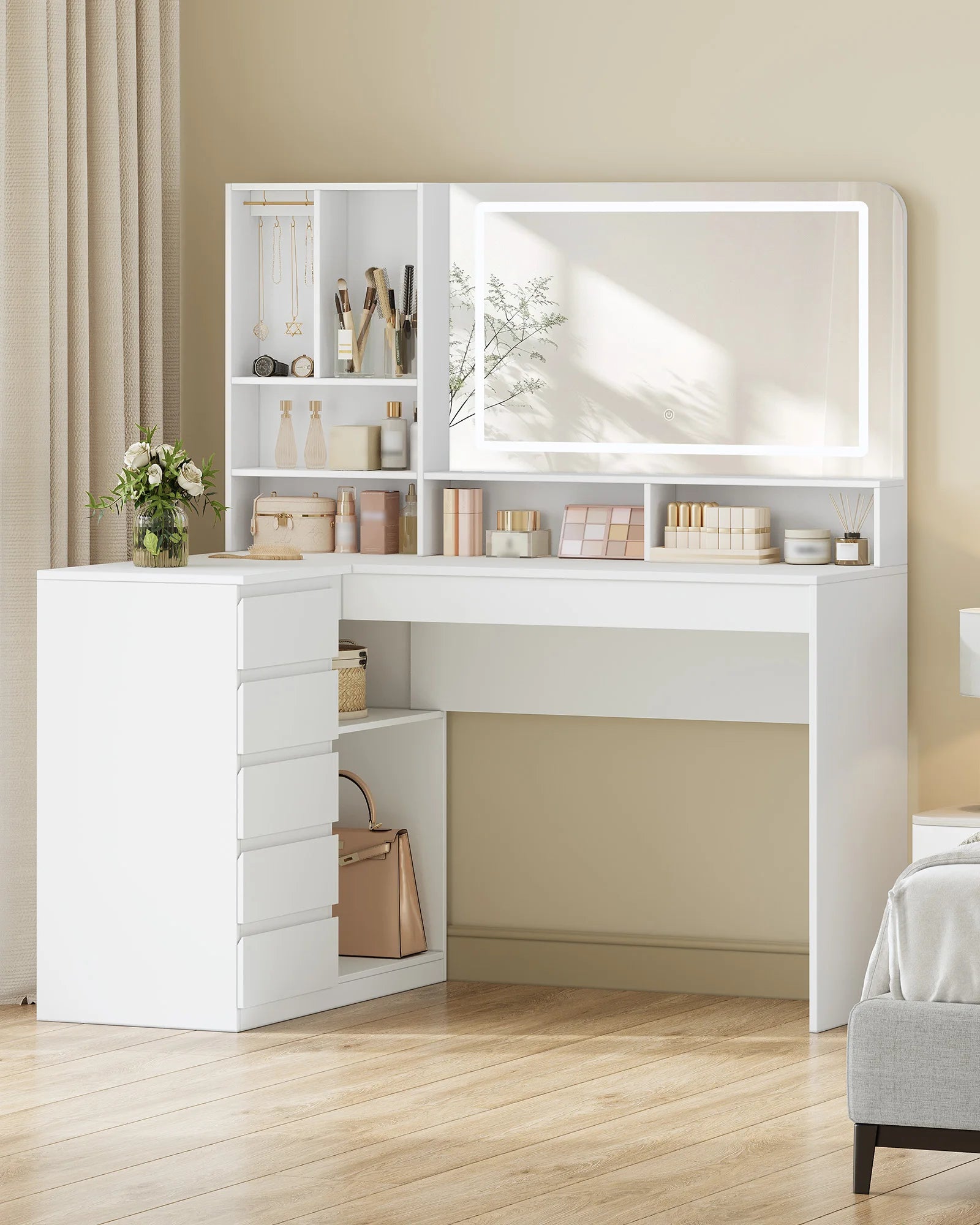 Kaptafel met Spiegel en LED Verlichting – L-Vormige Hoek Make-up Tafel met 5 Laden en Opbergruimte – Moderne Witte Dressing Table