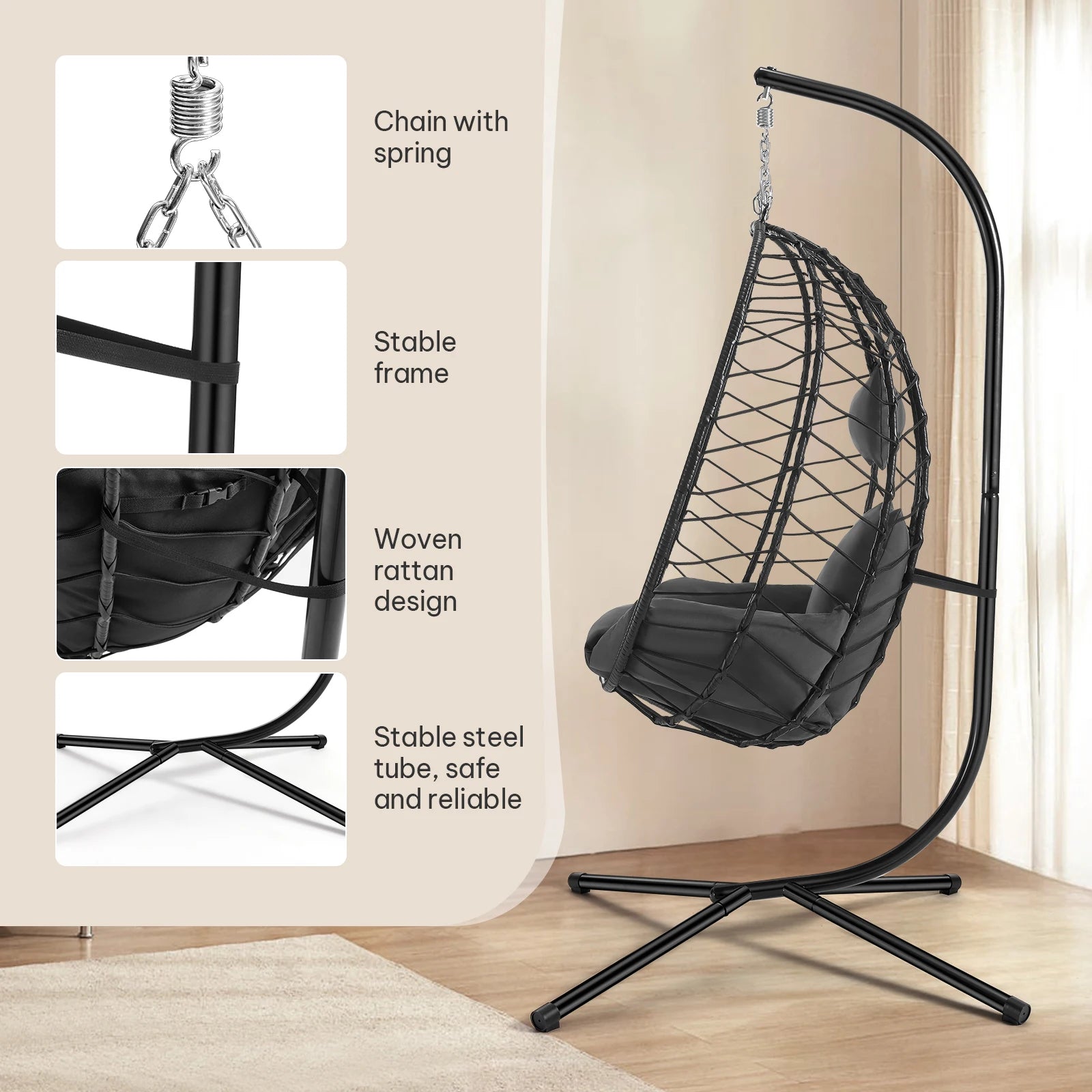 Egg Chair Hangstoel met Standaard – Schommelstoel voor Tuin, Balkon & Woonkamer – Inclusief Kussen en Hoofdsteun – Belastbaar tot 150 kg