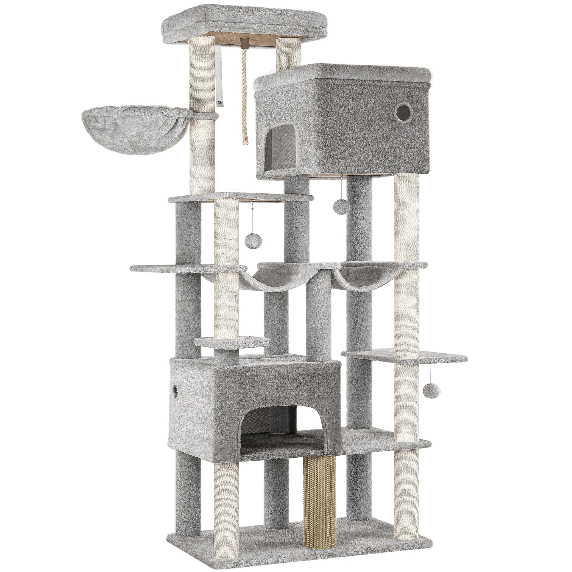 Grote Krabpaal voor Katten XXL – 200 cm Kattenboom met 10 Sisalpalen, 2 Huisjes, Hangmatten & Platform – Voor Grote Katten