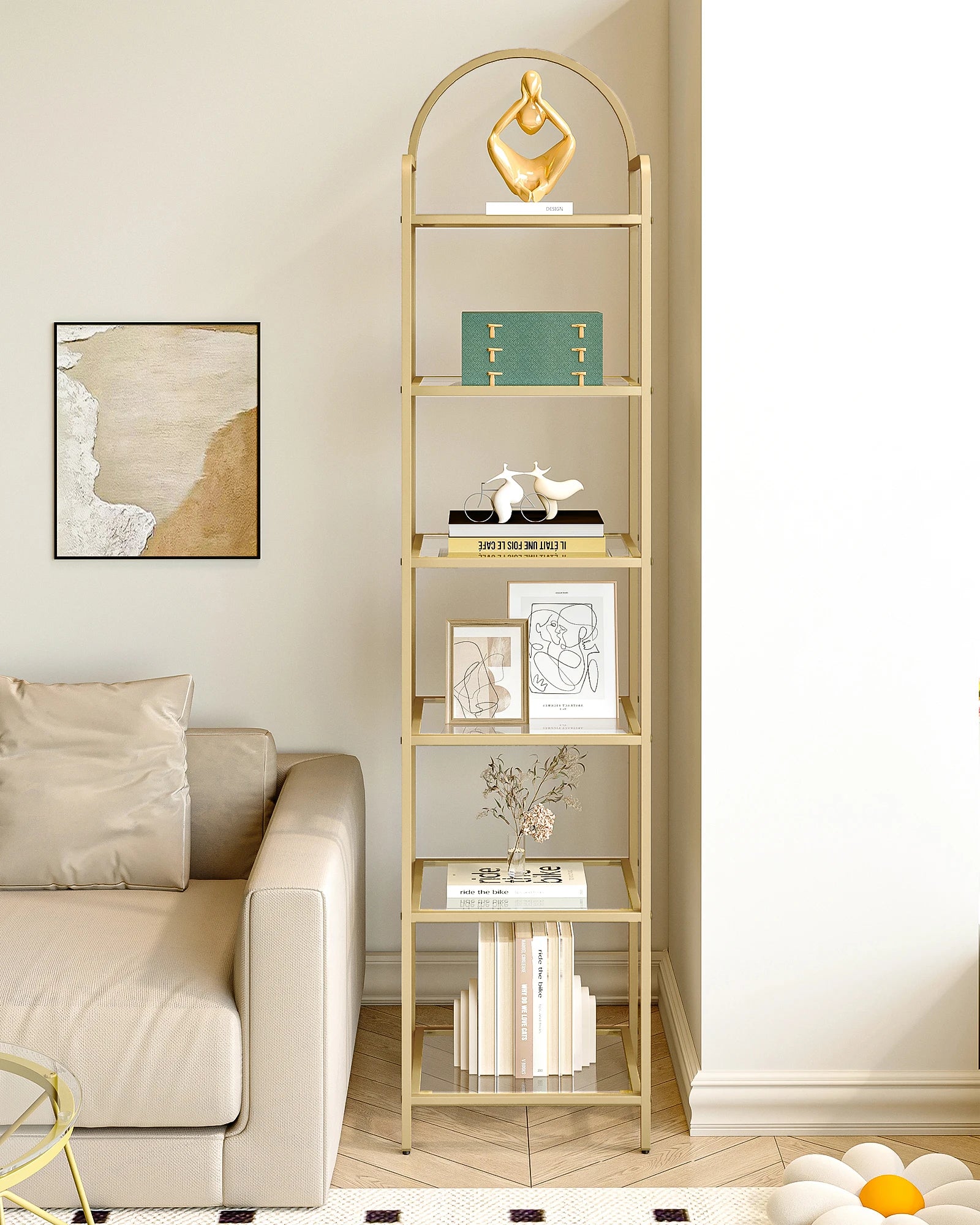 Smalle Boekenkast met Gehard Glas en Gouden Frame – 6-Laags Ladder Kast voor Woonkamer, Slaapkamer & Badkamer