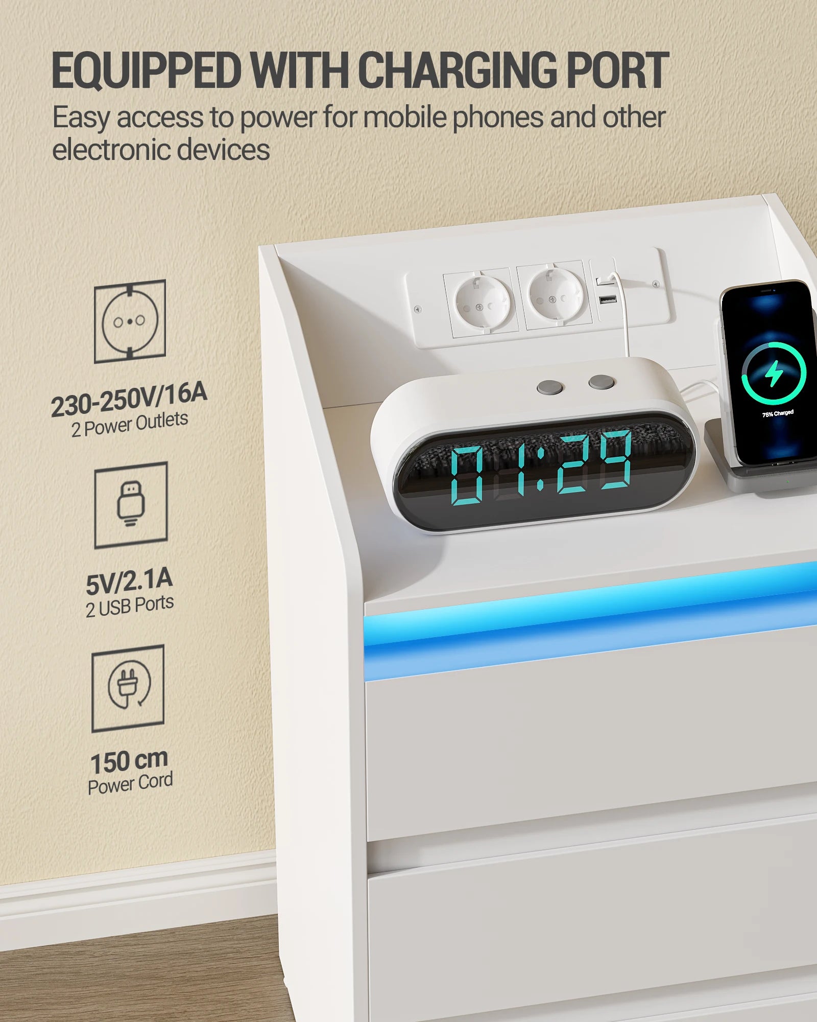 Nachtkastje met 3 Laden, LED Verlichting & Oplaadstation – Modern Wit Bijzettafel met USB en Stopcontact