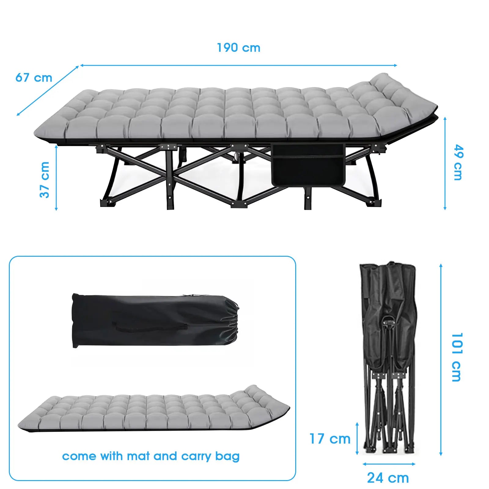 Opvouwbaar Campingbed voor Volwassenen – Sterk, Draagbaar en Inclusief Matras & Draagtas