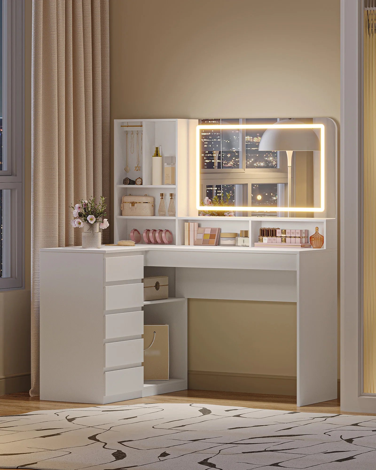 Kaptafel met Spiegel en LED Verlichting – L-Vormige Hoek Make-up Tafel met 5 Laden en Opbergruimte – Moderne Witte Dressing Table