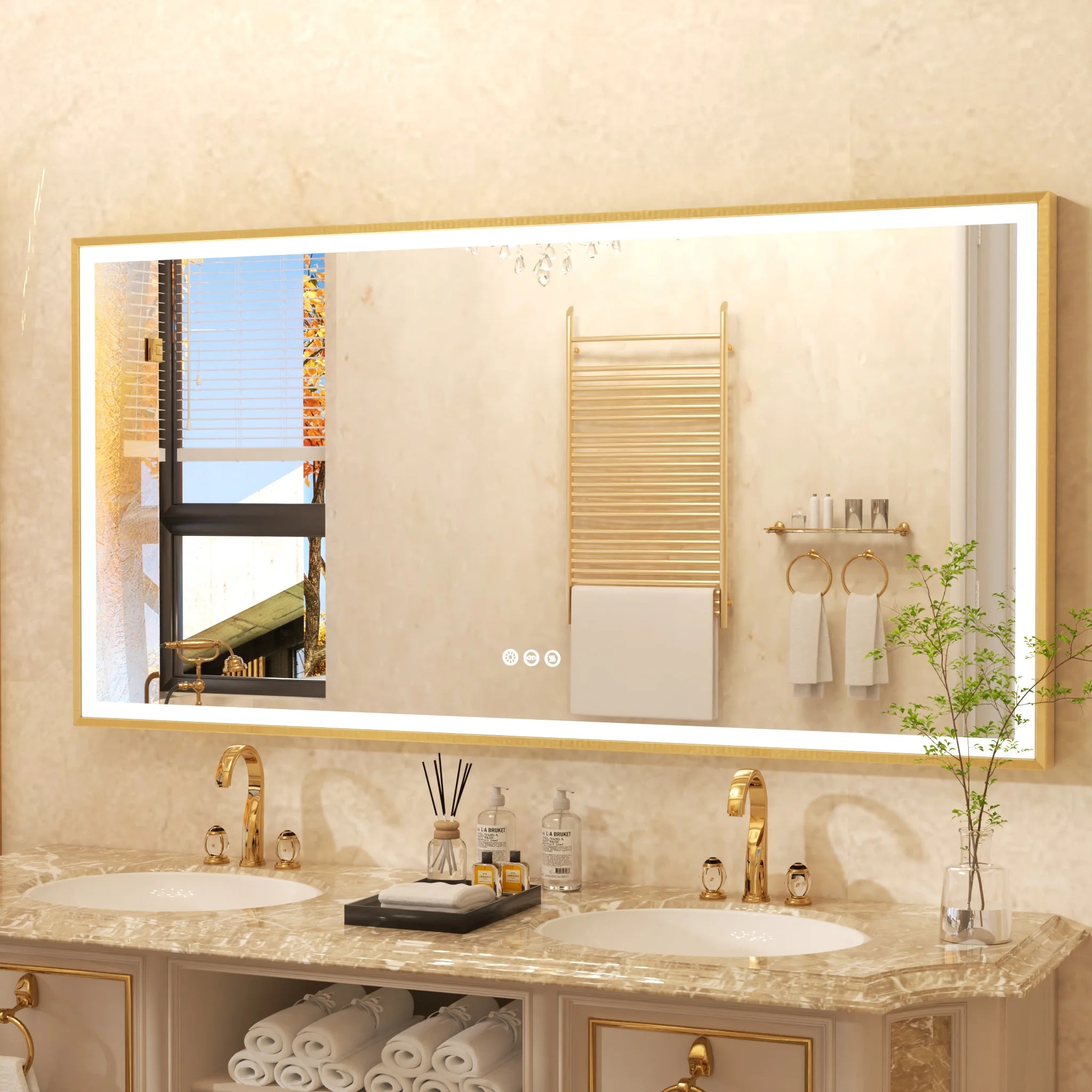 LED Badkamerspiegel Goud Frame – Dimbaar met 3 Lichtkleuren & Anti-Condens