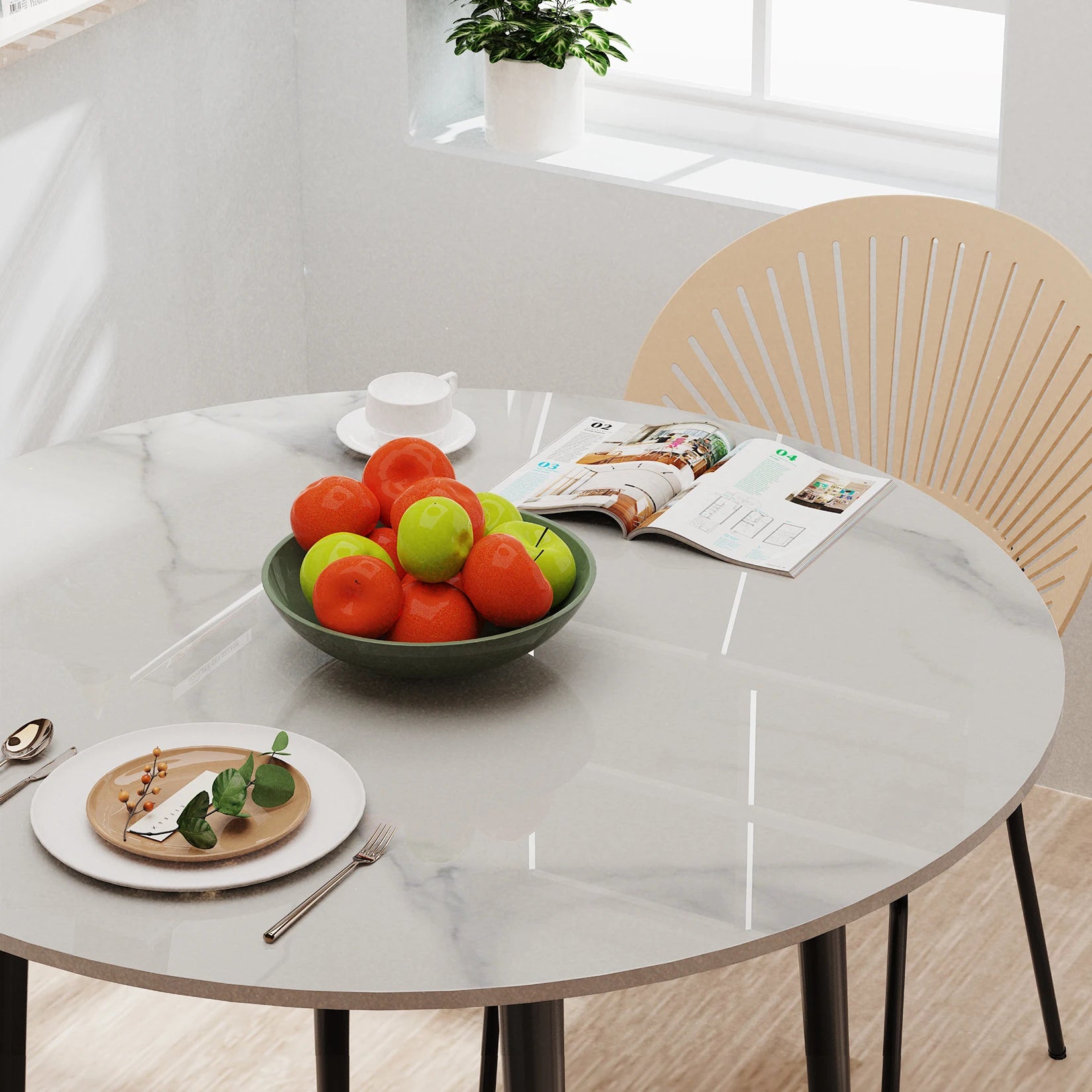 Ronde Eettafel 80 cm Sintersteen – Moderne Marmer Look Tafel met Zwarte Metalen Poten voor 2-4 Personen