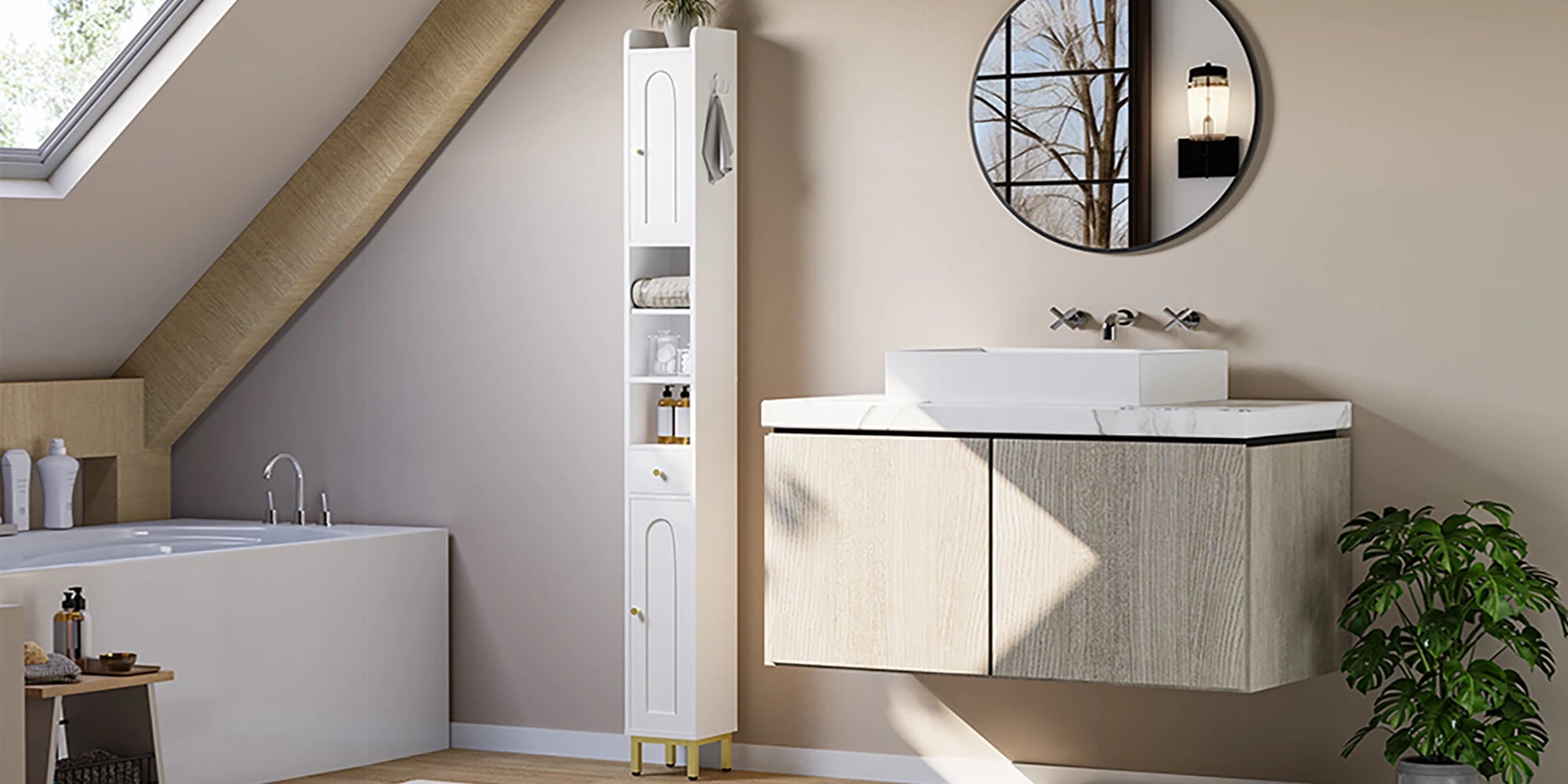 Smalle Badkamerkast met Deuren en Lade – Hoge Opbergkast voor Toilet en Badkamer – Wit Houten Design 180 cm