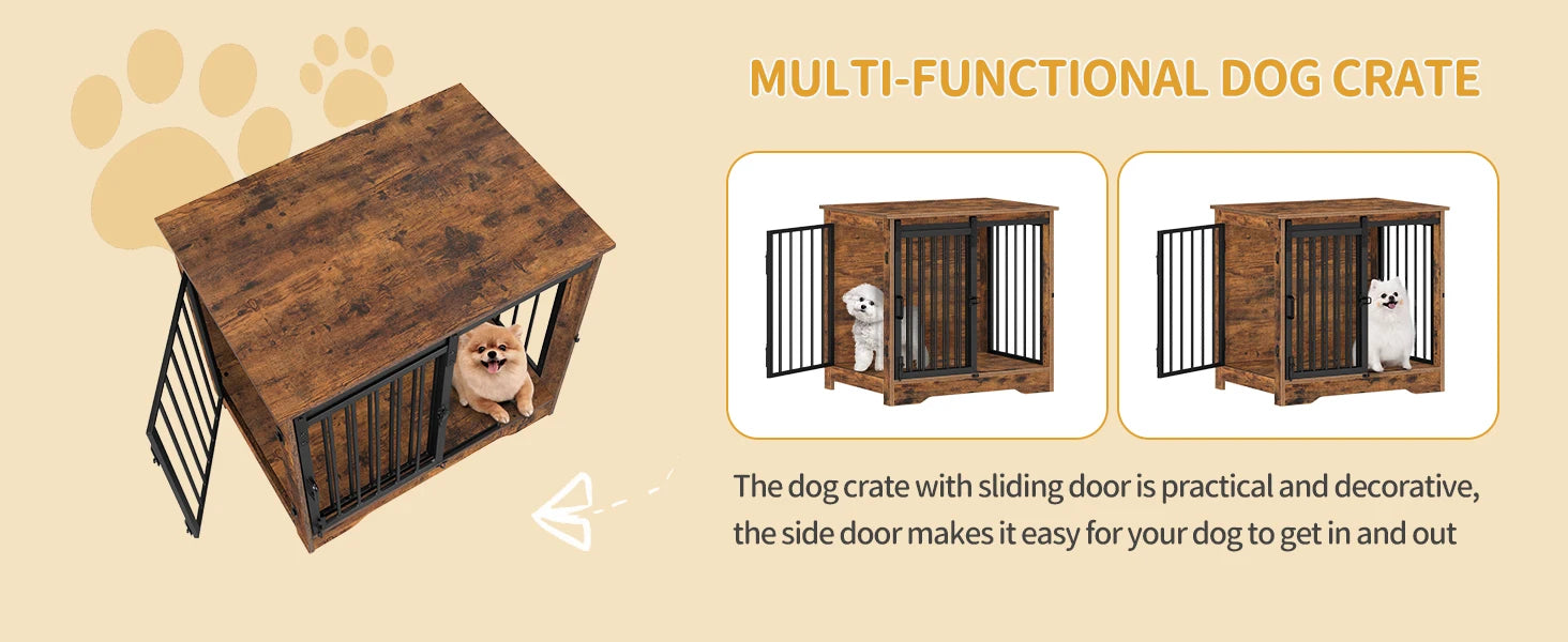 Houten Hondenbench Meubel met 2 Deuren – Industriële Hondenkooi Binnen – Hond Bench Tafel voor Kleine Honden – Vintage Bruin