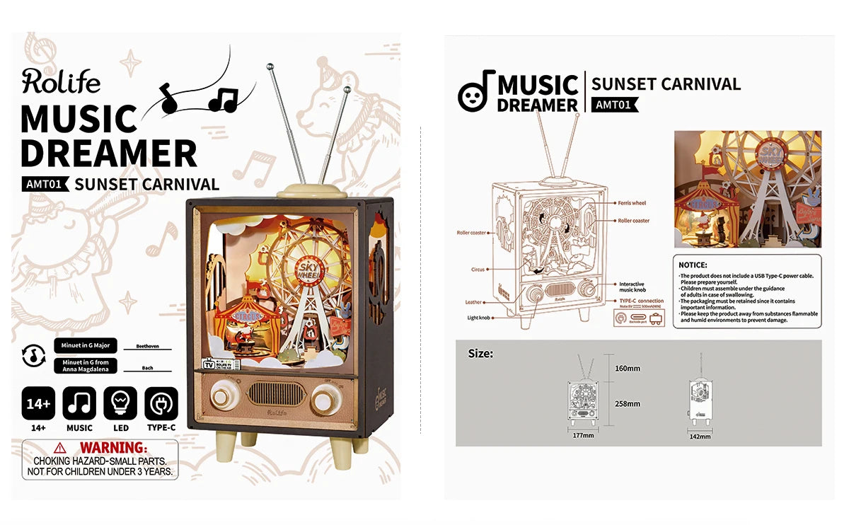 3D Houten Muziekdoos Reuzenrad met Licht – Sunset Carnival Nachtlampje en Decoratie – USB Oplaadbaar voor Woonkamer en Slaapkamer