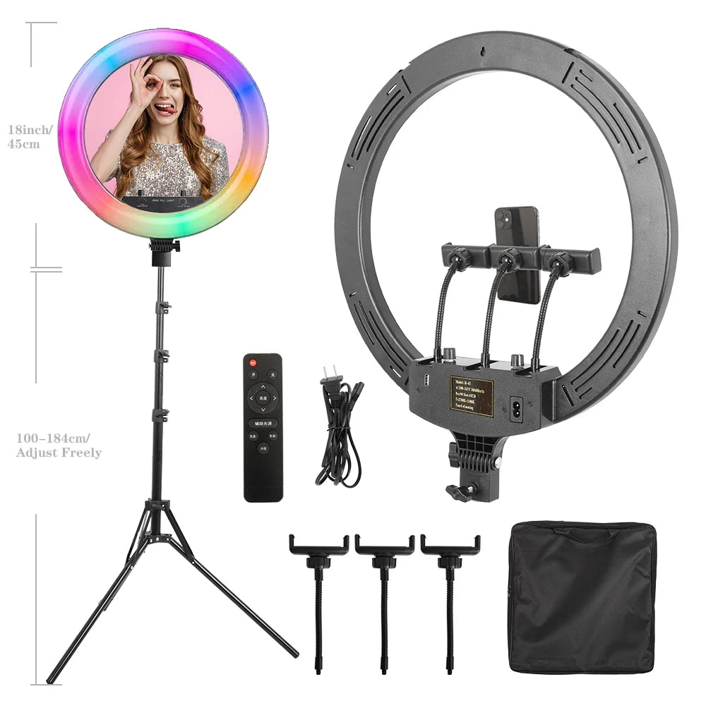 Dimbare 18 Inch RGB Selfie Ringlamp met Tripod en Telefoonhouder – Make-up, YouTube en Fotografie Studio Verlichting