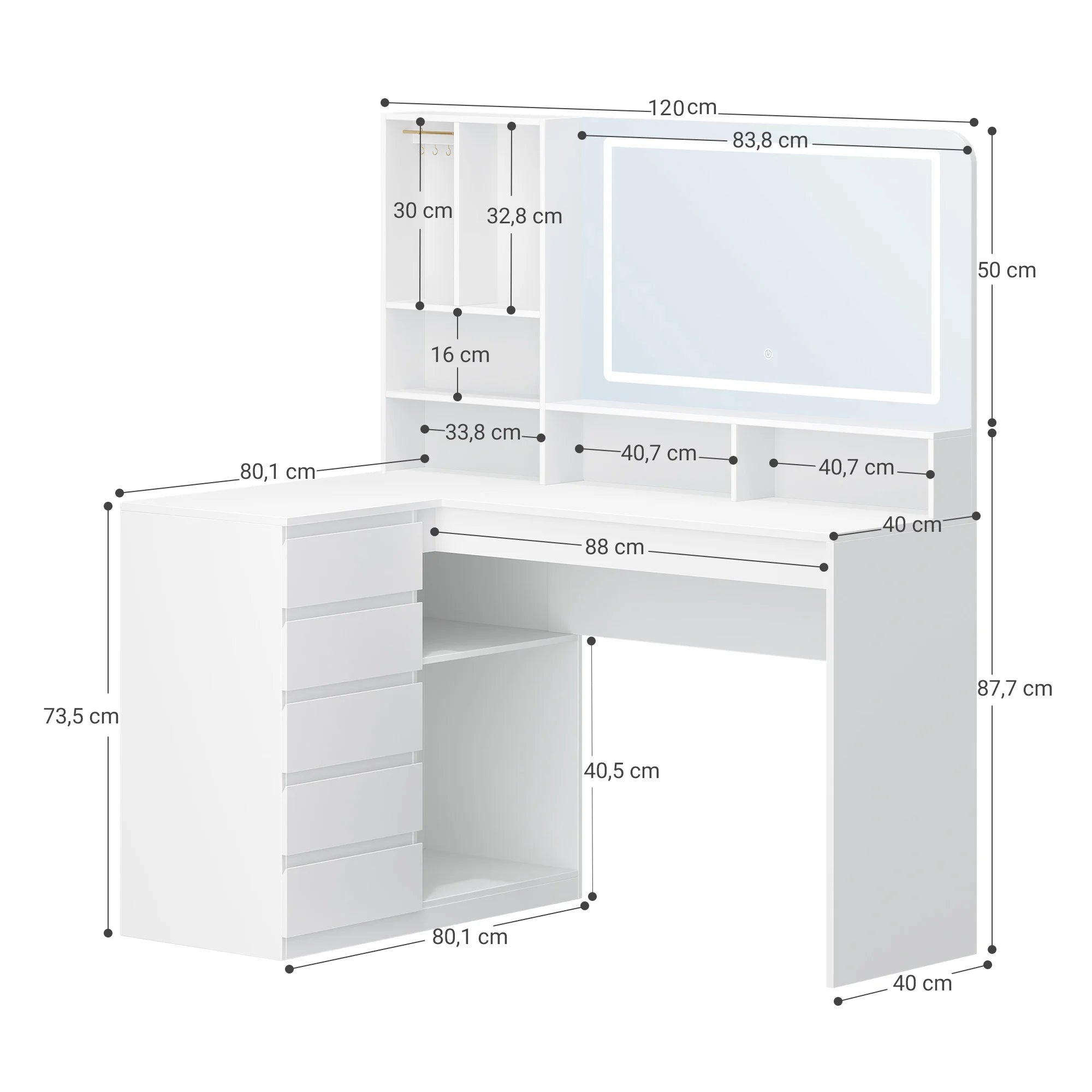 Kaptafel met Spiegel en LED Verlichting – L-Vormige Hoek Make-up Tafel met 5 Laden en Opbergruimte – Moderne Witte Dressing Table