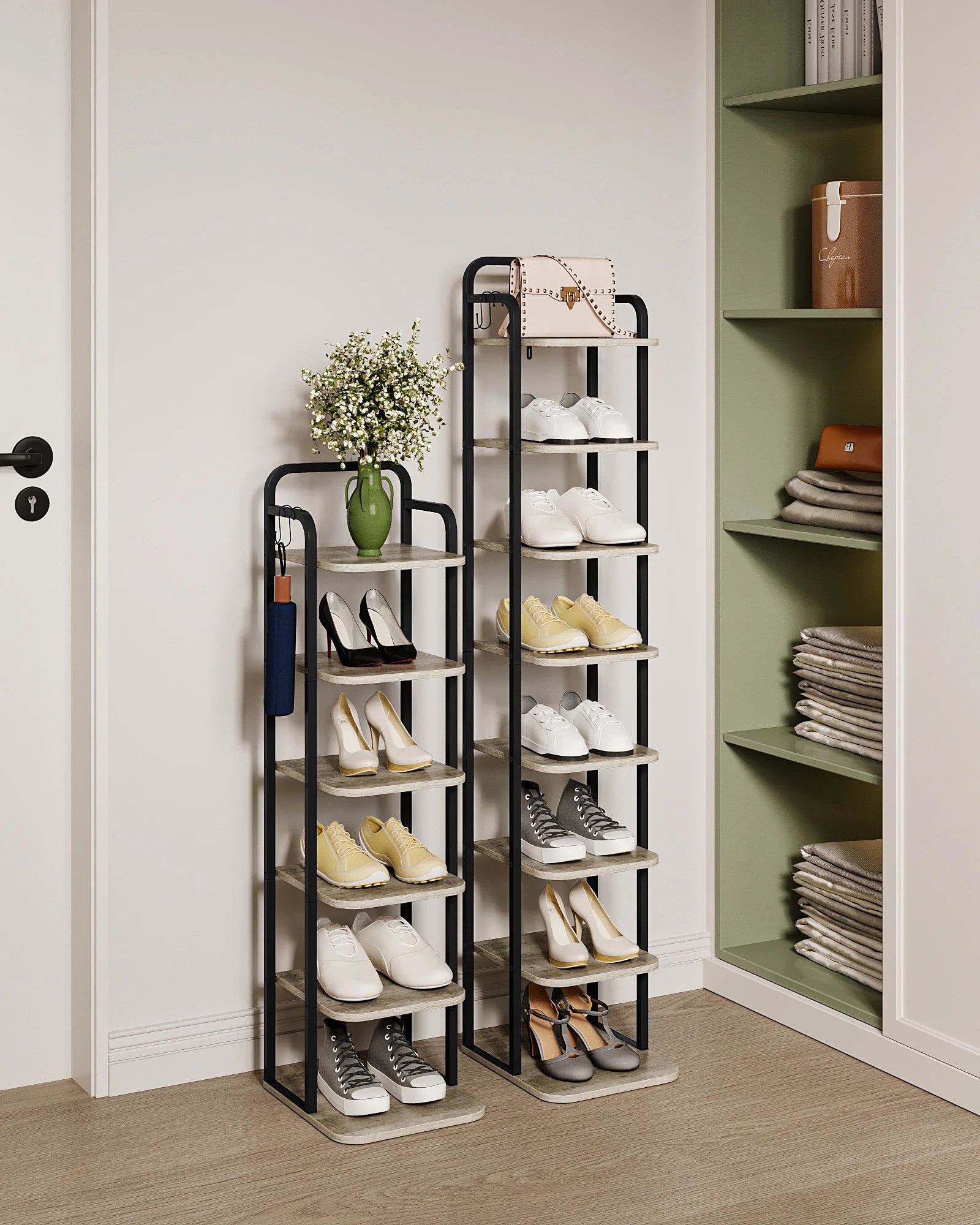 Smalle Schoenenrek 6 Laags – Verticale Schoenenkast voor Kleine Ruimtes – Houten Schoenen Organizer met Haken – Industrieel Design