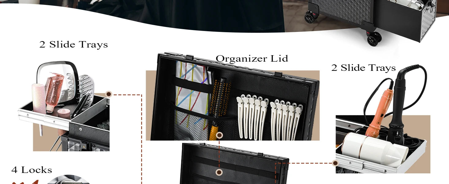 Professionele Make-up Koffer Trolley met Slot en Wielen – Cosmetica Organizer 56-75L – Rollende Beauty Case voor Kapper en Visagist