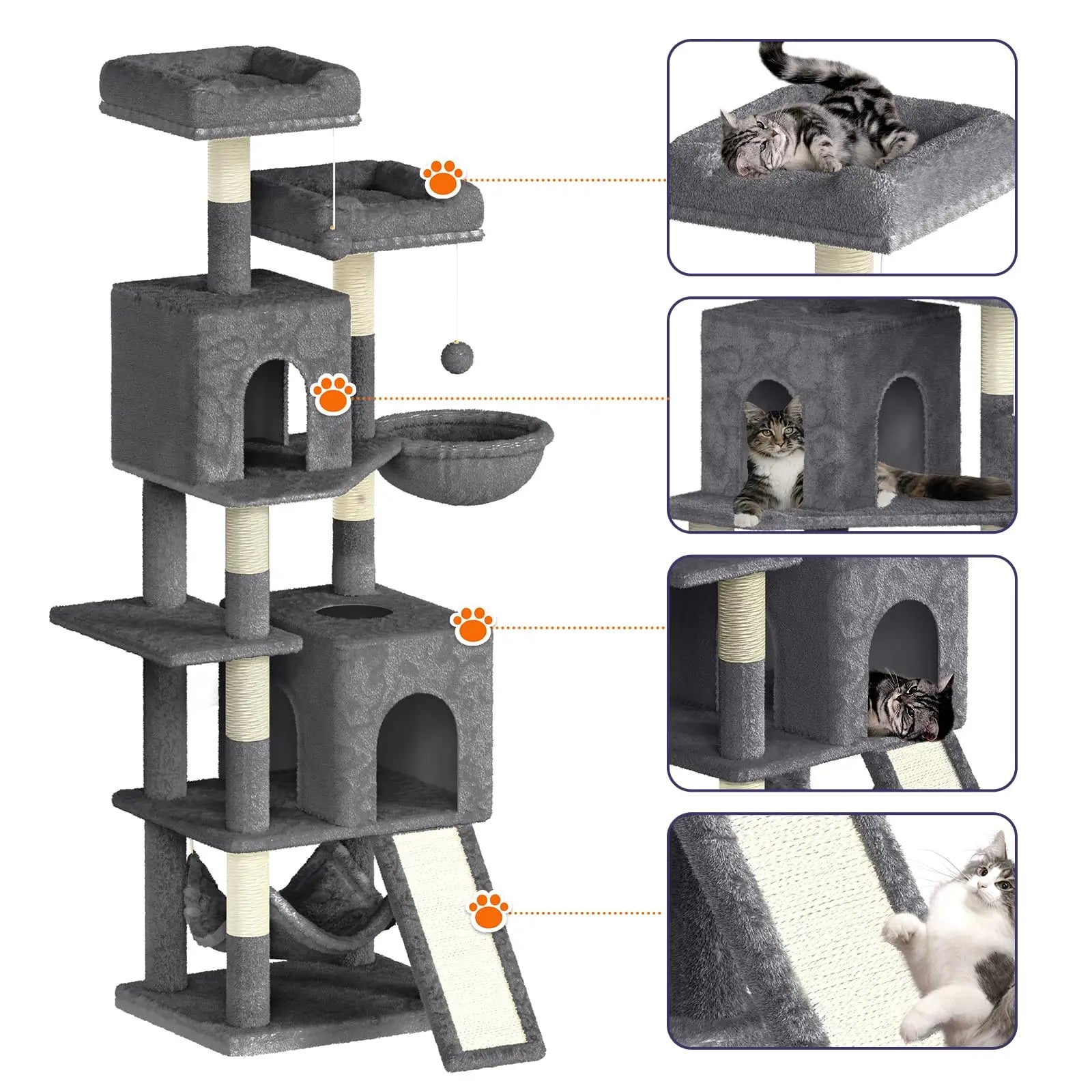 Katten Krabpaal 158 cm – Grote Kattenboom met 2 Huisjes, 2 Hangmatten & 7 Sisal Krabpalen – Luxe Klimtoren voor Binnenkatten