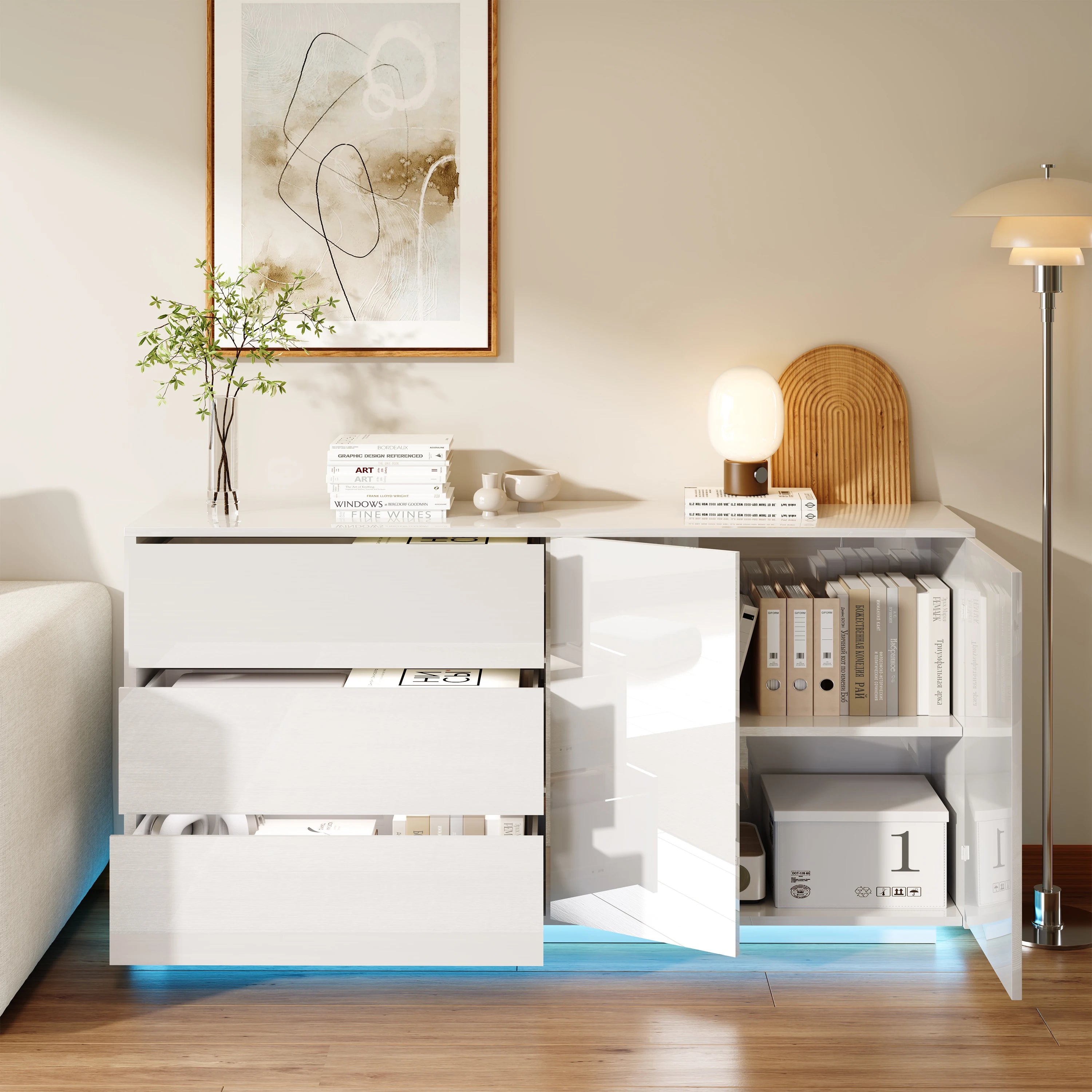 Hoogglans Buffetkast met LED Verlichting – Modern Dressoir met Opbergruimte