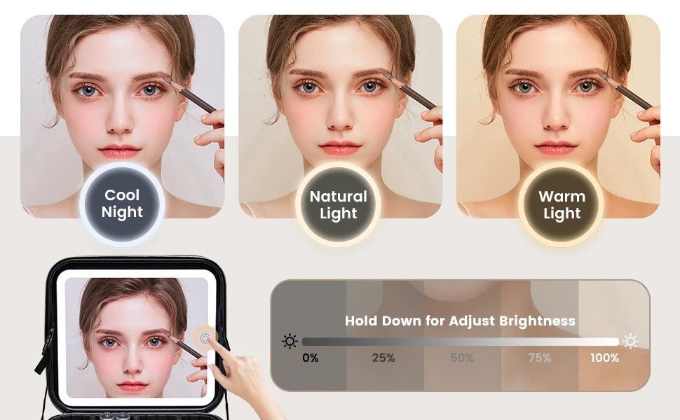 LED Make-uptasje met Spiegel – 3 Lichtstanden – Reismake-uptasje Waterdicht en Compact voor Cosmetica