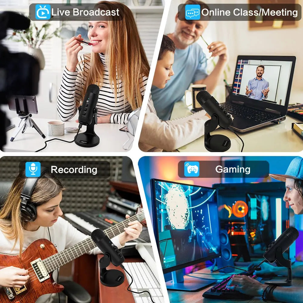 USB Microfoon voor PC, Mac, Gaming, Podcast en Streaming – Condenser Microfoon met Telefoonadapter en Hoofdtelefoonuitgang