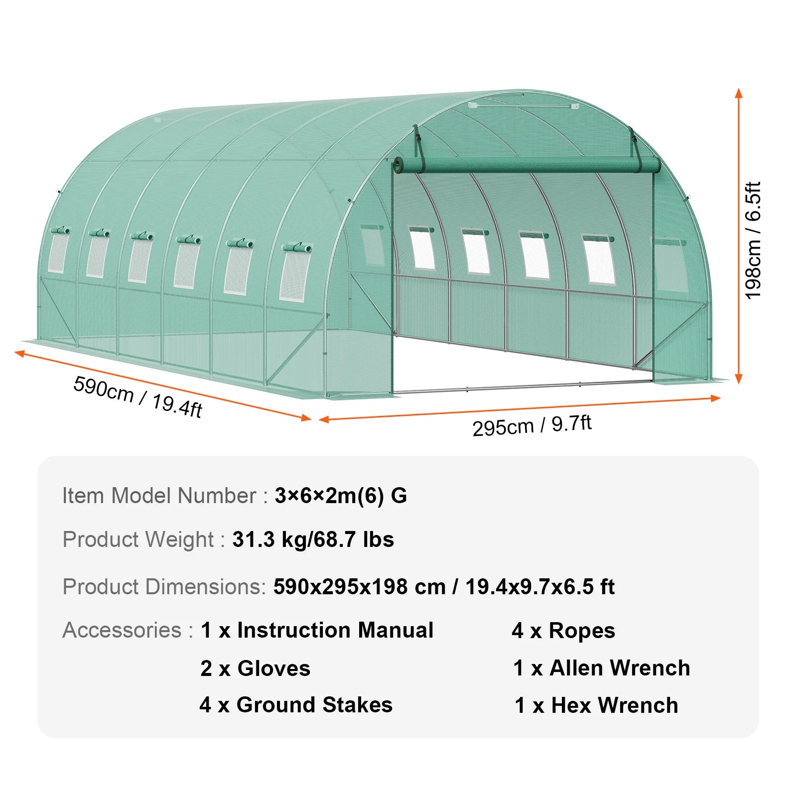 Wandelbare Tunnelkas met Stalen Frame 345×195×192 cm – Grote Inloop Tuinkas met PE Afdekking, Ritsdeur en Ventilatieramen