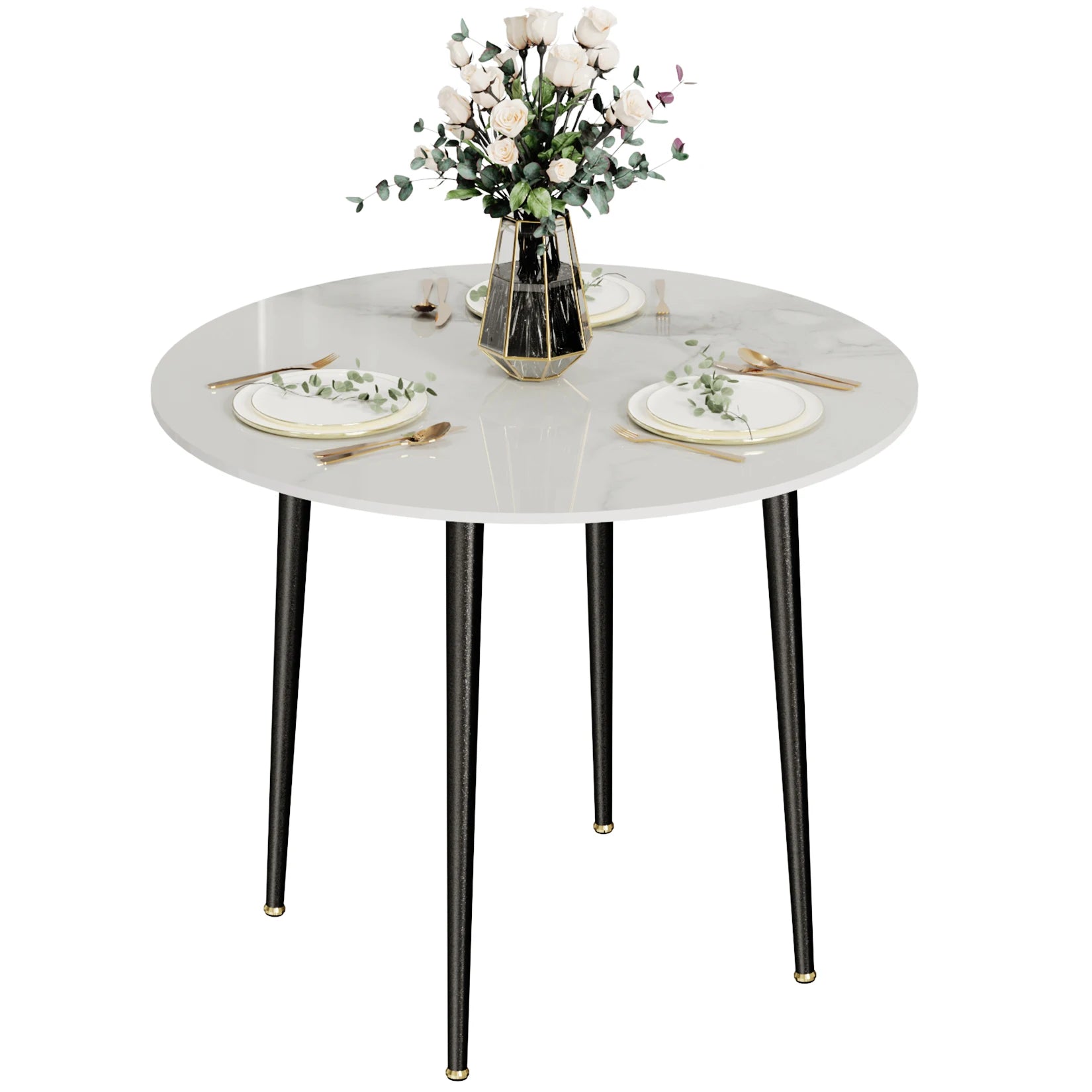 Ronde Eettafel 80 cm Sintersteen – Moderne Marmer Look Tafel met Zwarte Metalen Poten voor 2-4 Personen