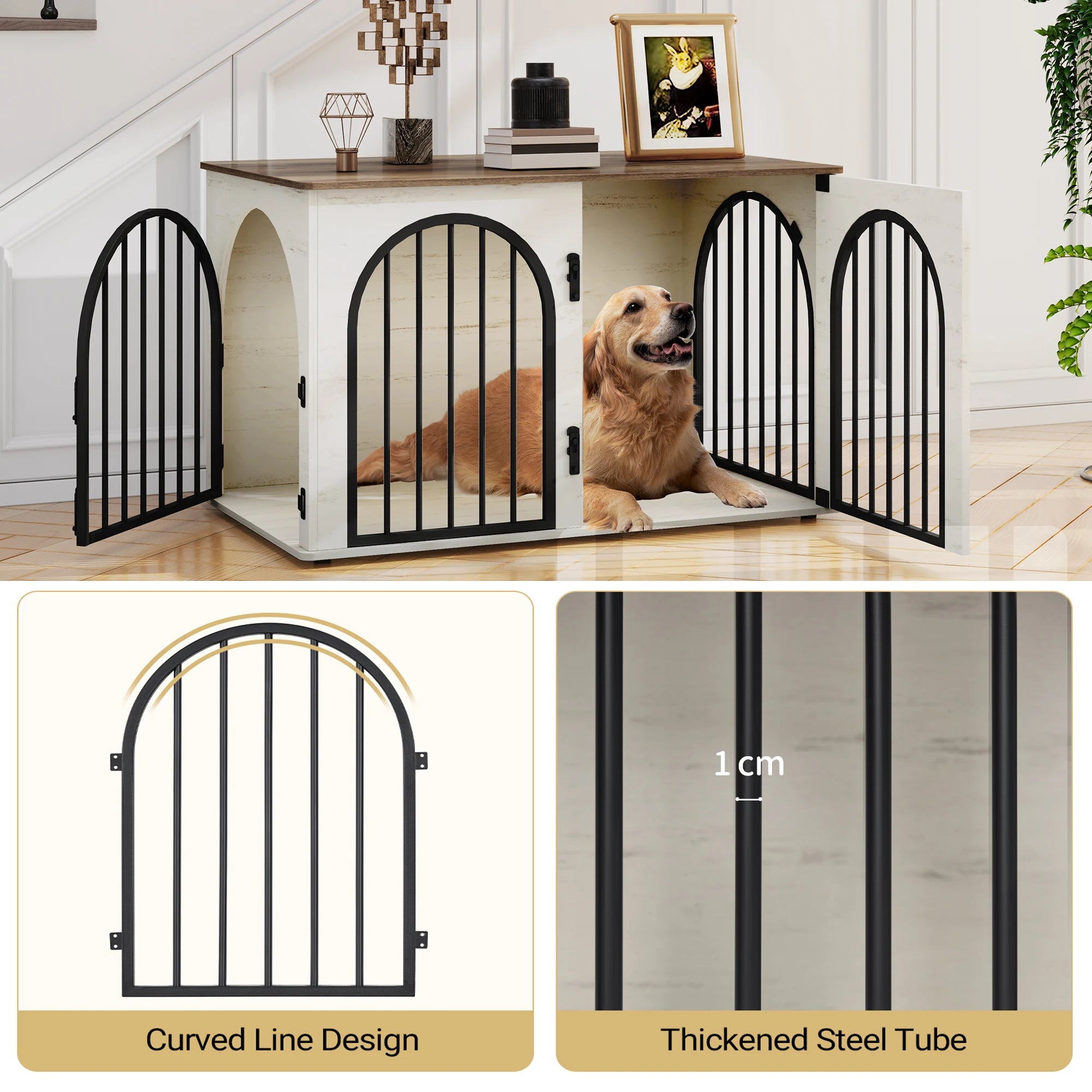 Houten Hondenbench Meubel 100 cm – Luxe Design Hondenkooi met 3 Deuren – Stevige Dog Crate voor Binnen – Bijzettafel & TV Meubel