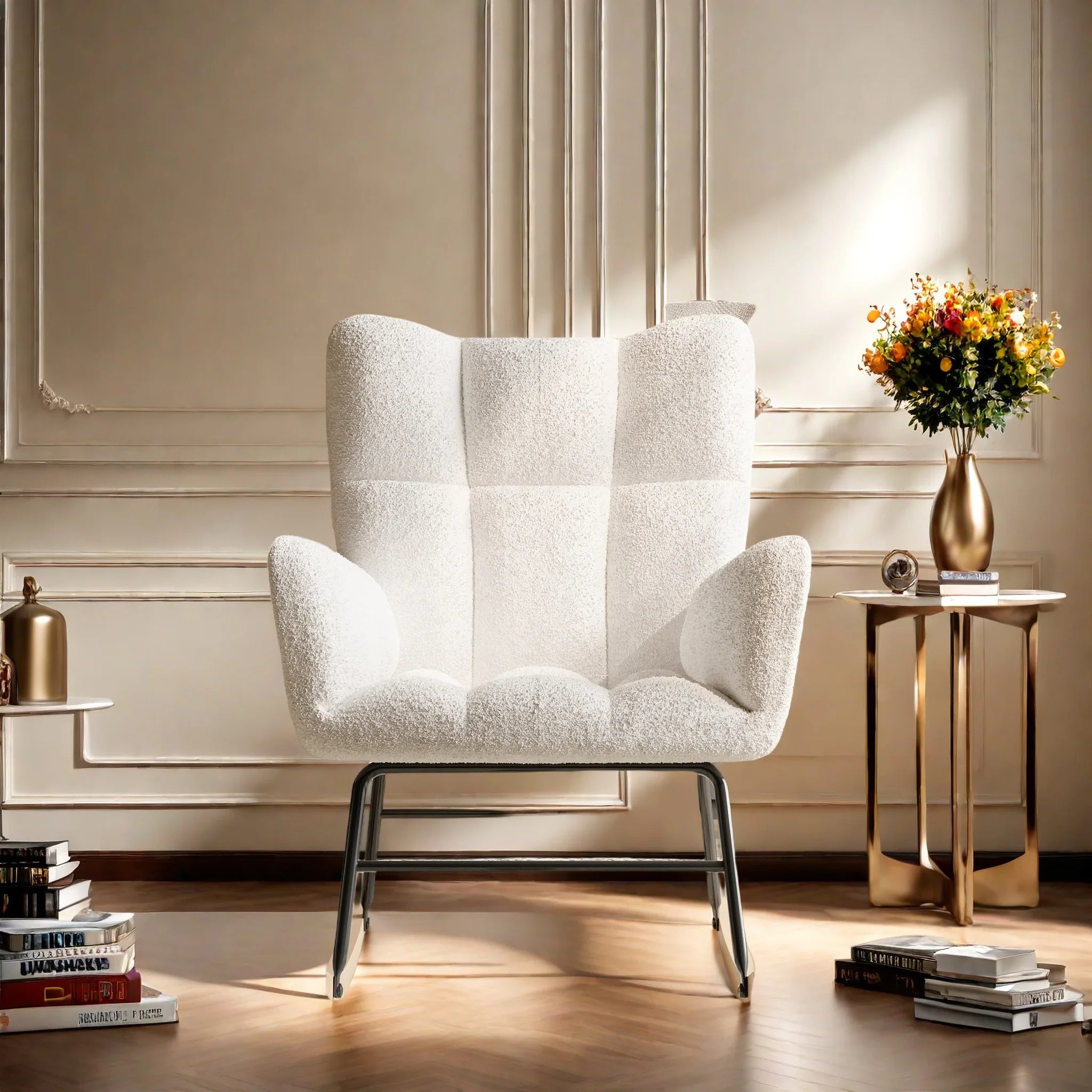 Moderne zachte pluche schommelstoel met armleuningen – comfortabele woonkamer stoel