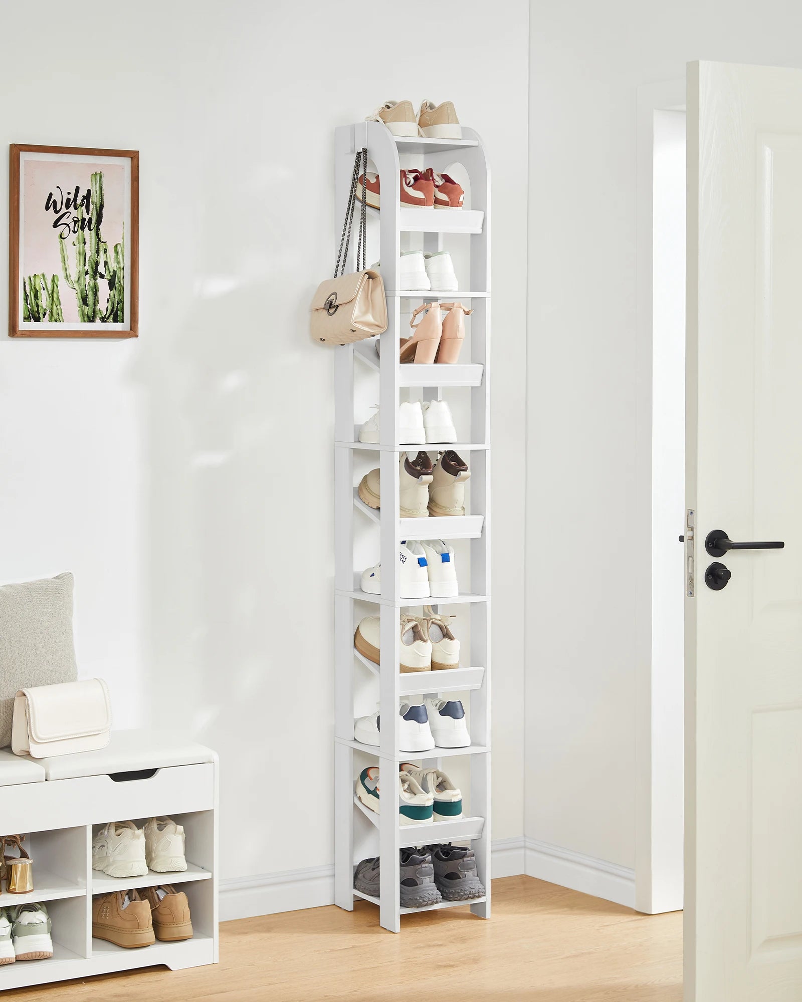 Smalle Schoenenkast 11 Lagen – Verticale Schoenenrek voor Kleine Ruimtes – Houten Schoenen Organizer met Haken