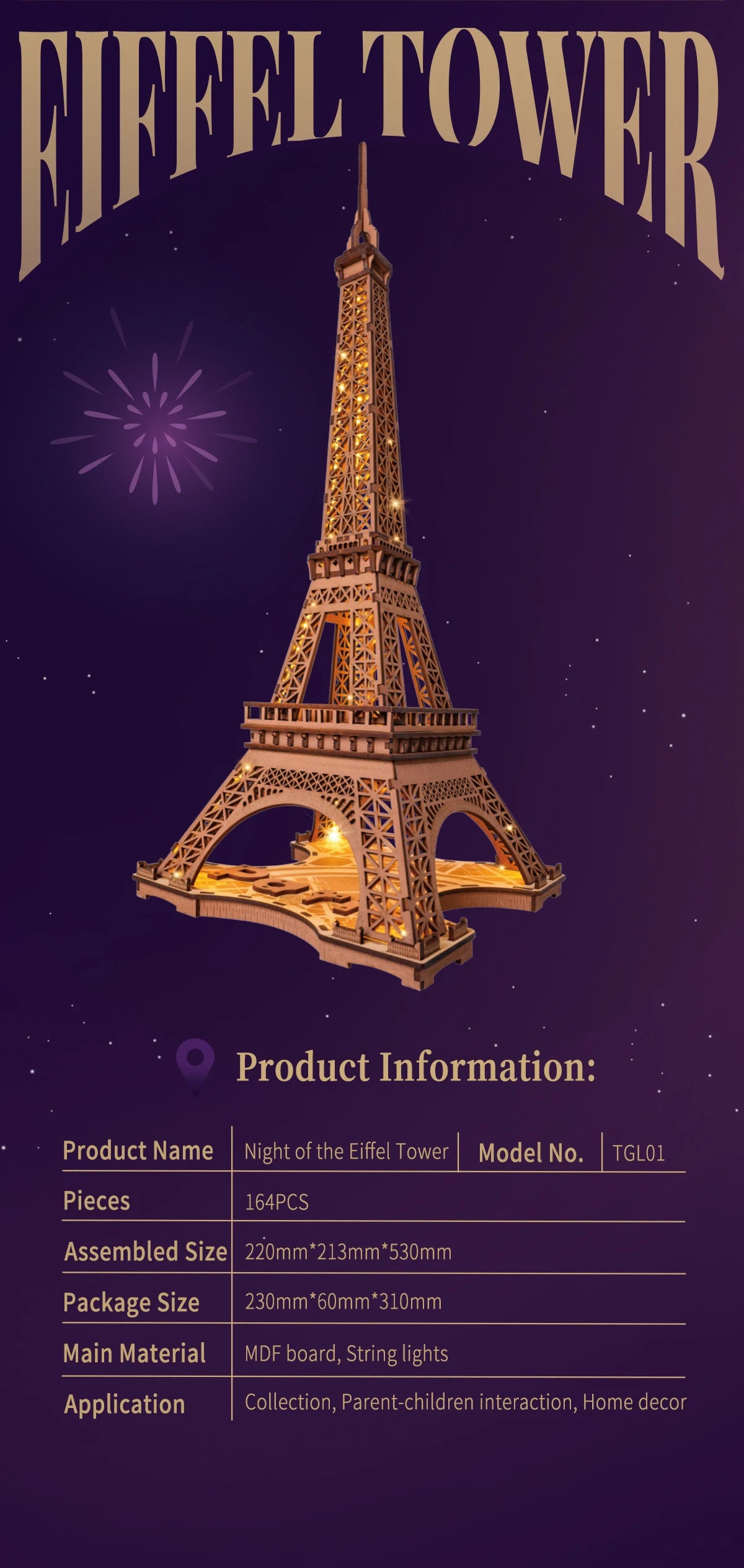3D Houten Puzzel Eiffeltoren met LED Verlichting – Miniatuur Bouwpakket voor Volwassenen en Tieners – Decoratieve Modelbouw Set