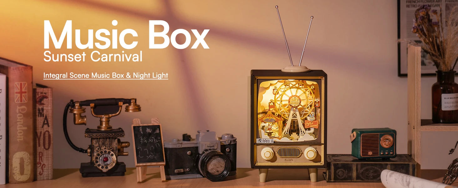 3D Houten Muziekdoos Reuzenrad met Licht – Sunset Carnival Nachtlampje en Decoratie – USB Oplaadbaar voor Woonkamer en Slaapkamer